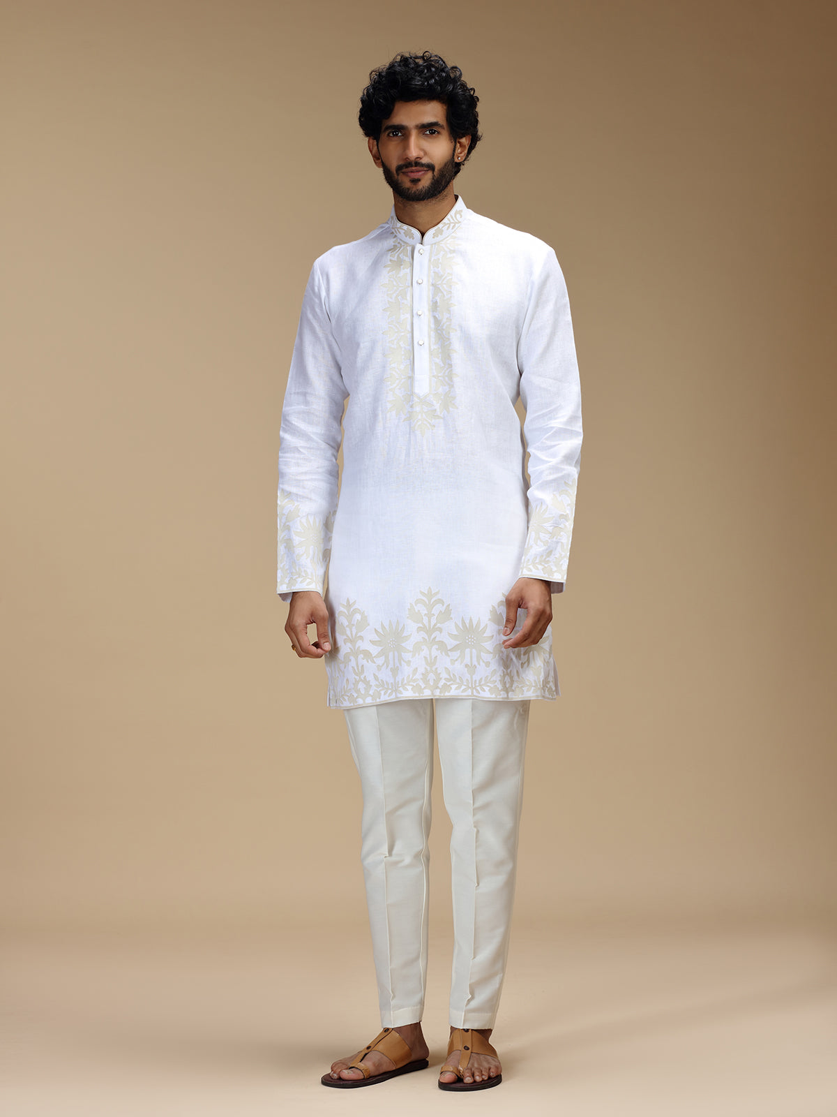Off white patchwork linen mens kurta pajama