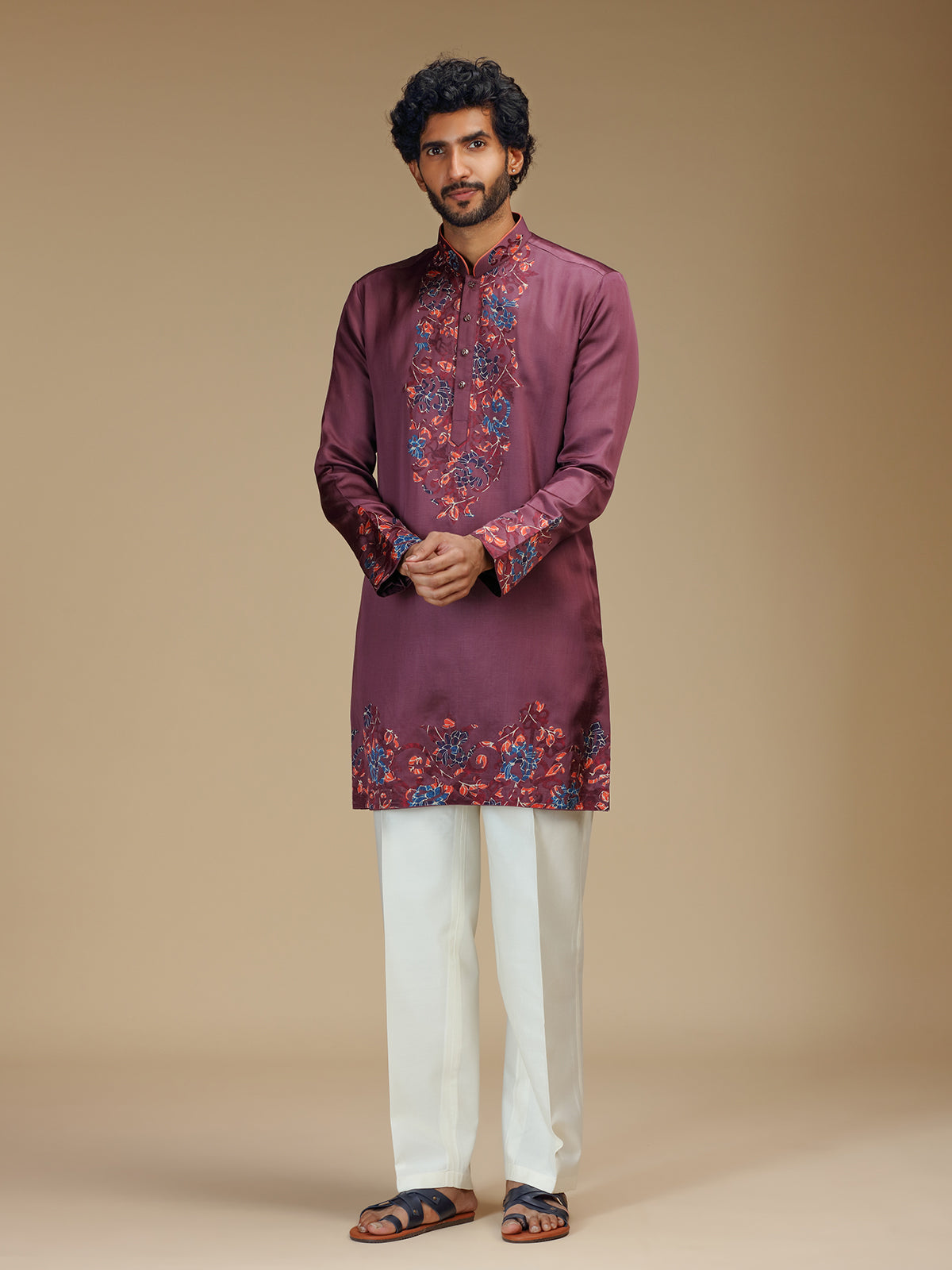 Wine maroon floral patchwork silk kurta pajama