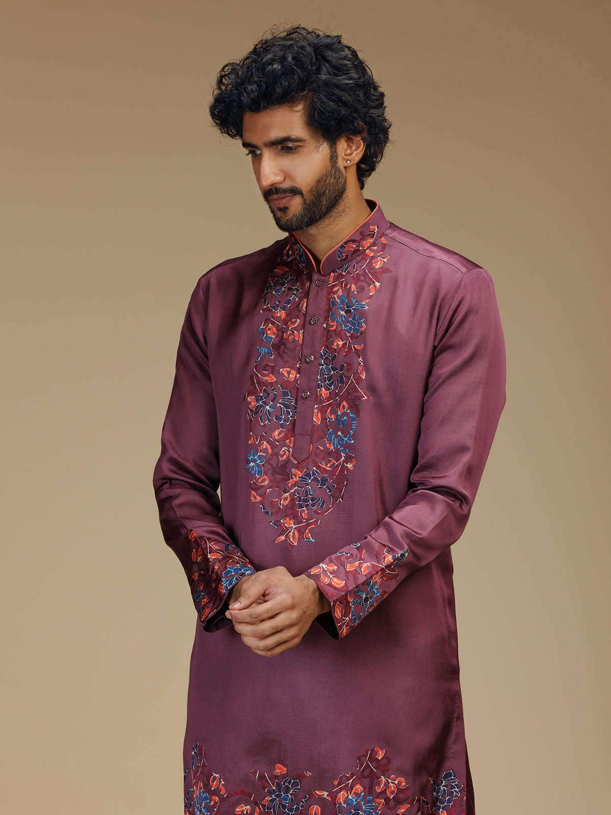 Wine maroon floral patchwork silk kurta pajama