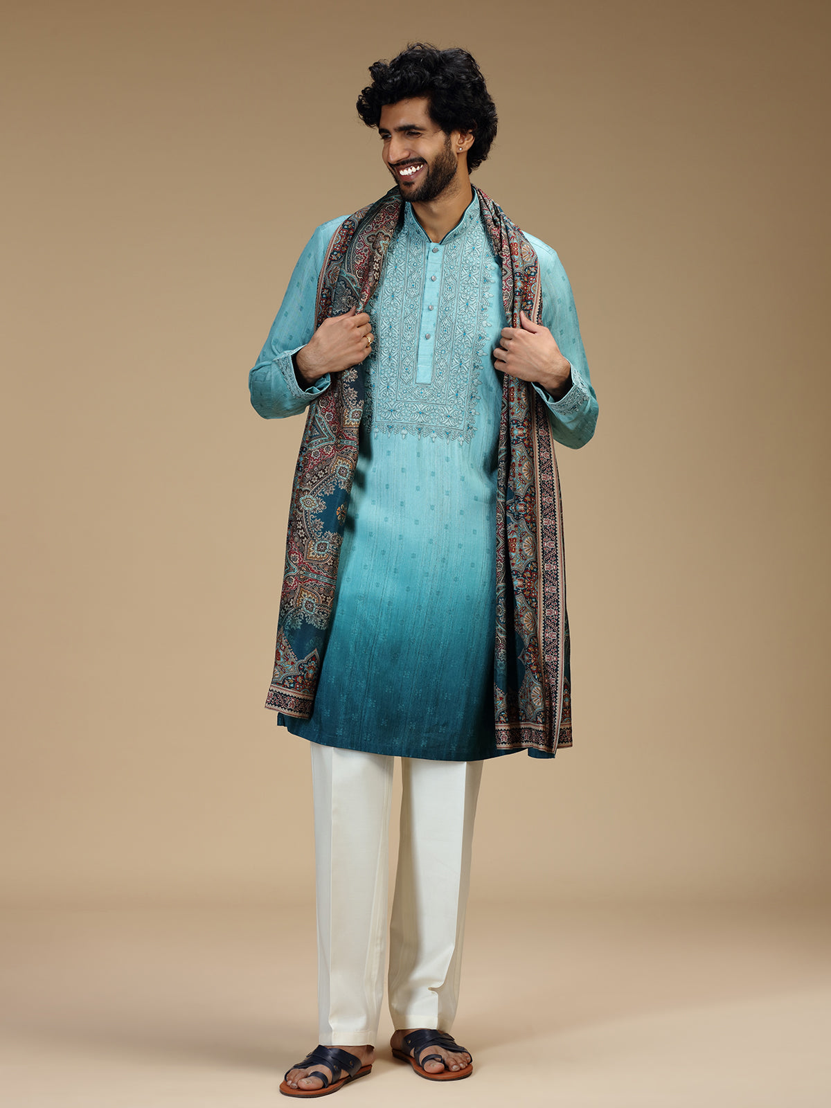Blue ombre floral embroidered silk blend kurta pajama