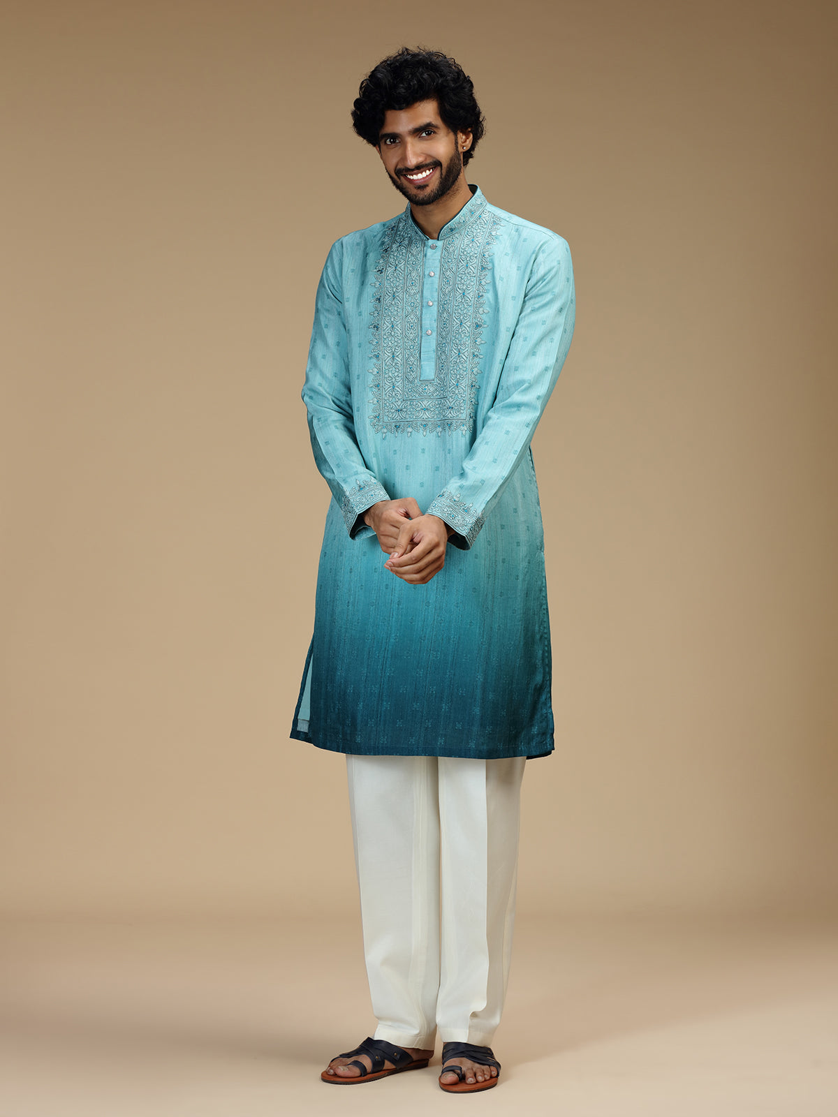 Blue ombre floral embroidered silk blend kurta pajama