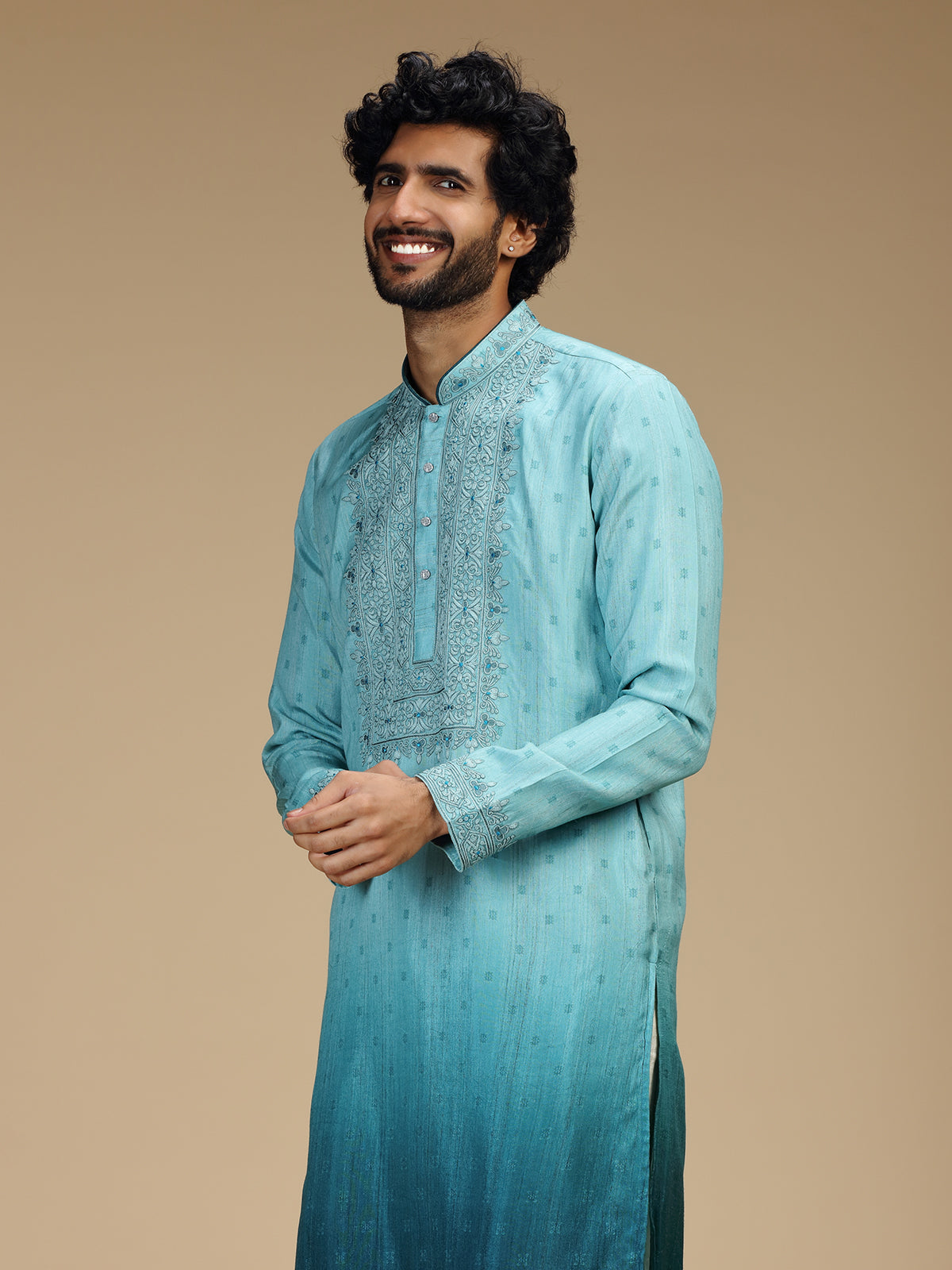 Blue ombre floral embroidered silk blend kurta pajama