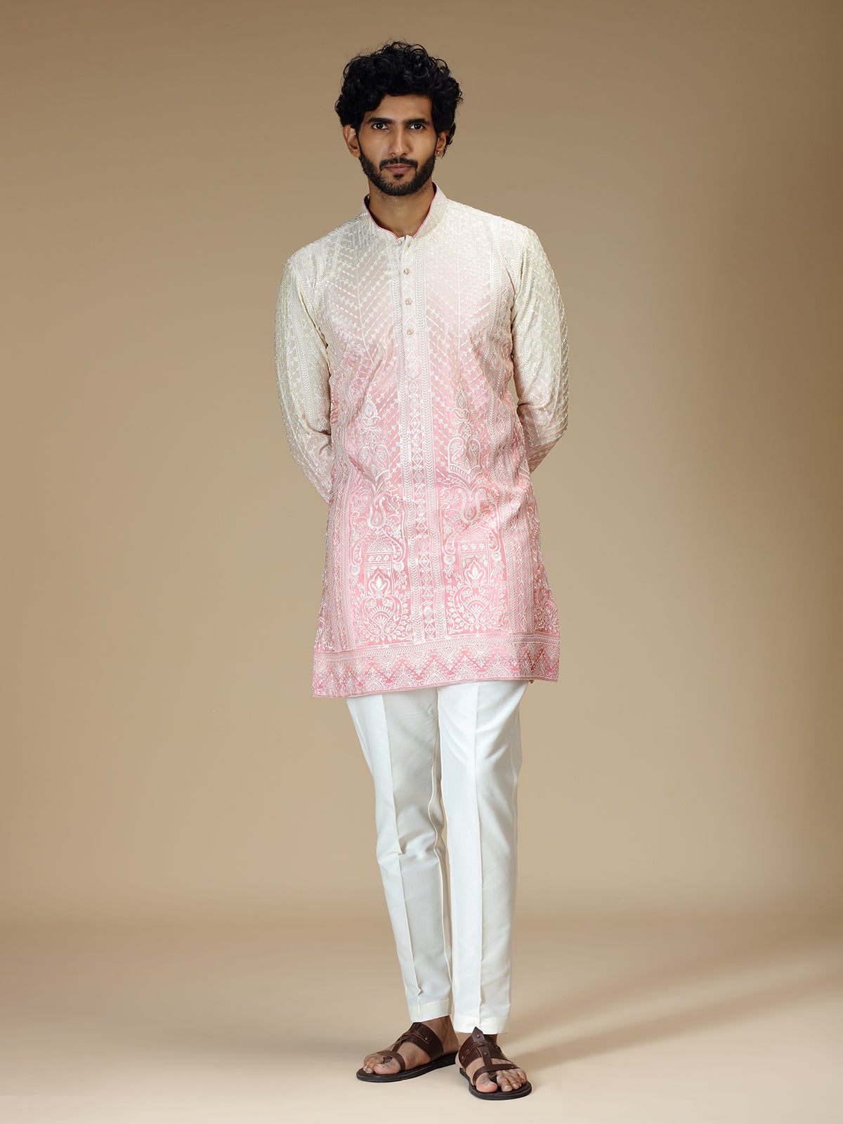 Cream pink shaded Chikankari silk kurta pajama