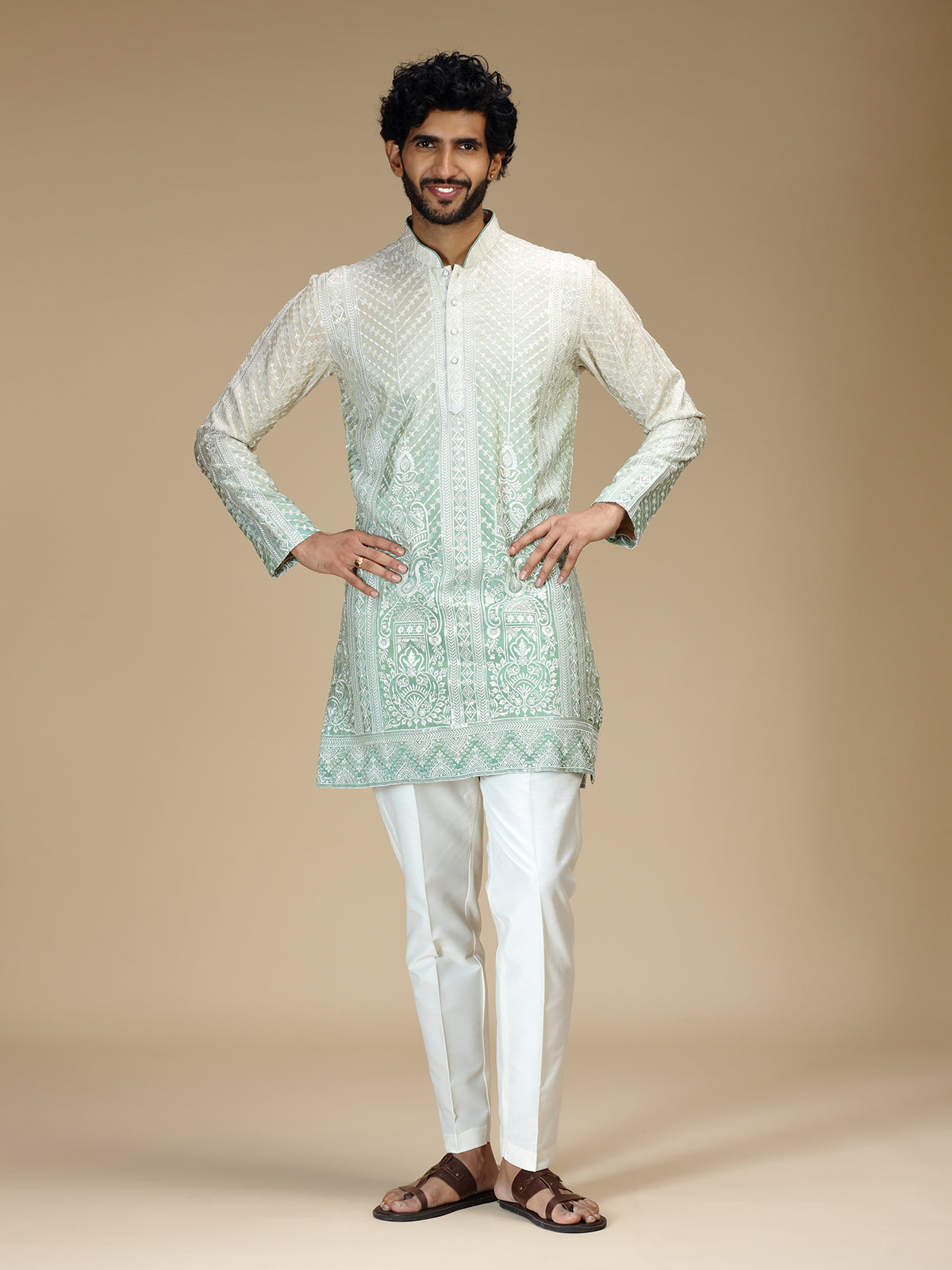 White green shaded chikankari silk blend kurta pajama