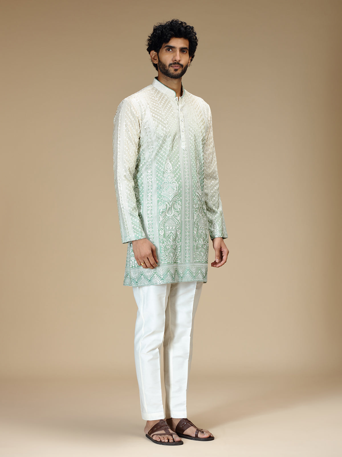 White green shaded chikankari silk blend kurta pajama