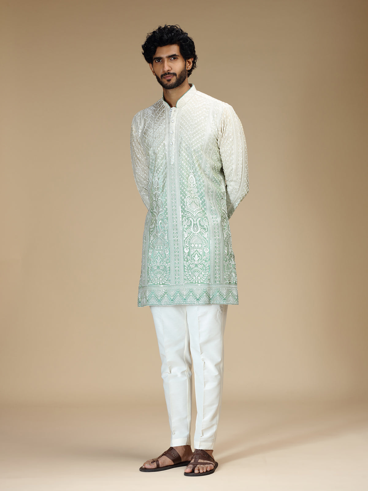 White green shaded chikankari silk blend kurta pajama