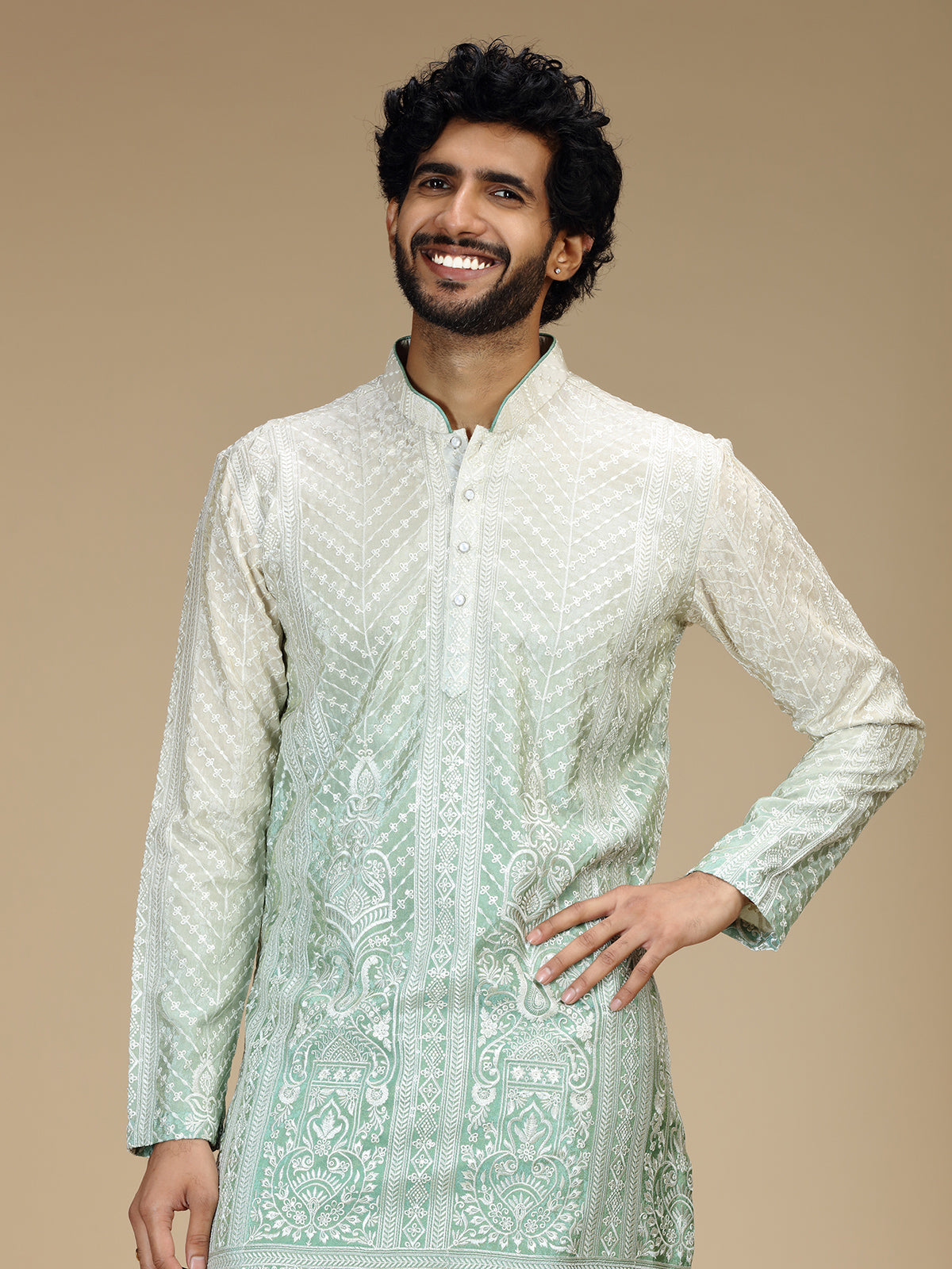 White green shaded chikankari silk blend kurta pajama