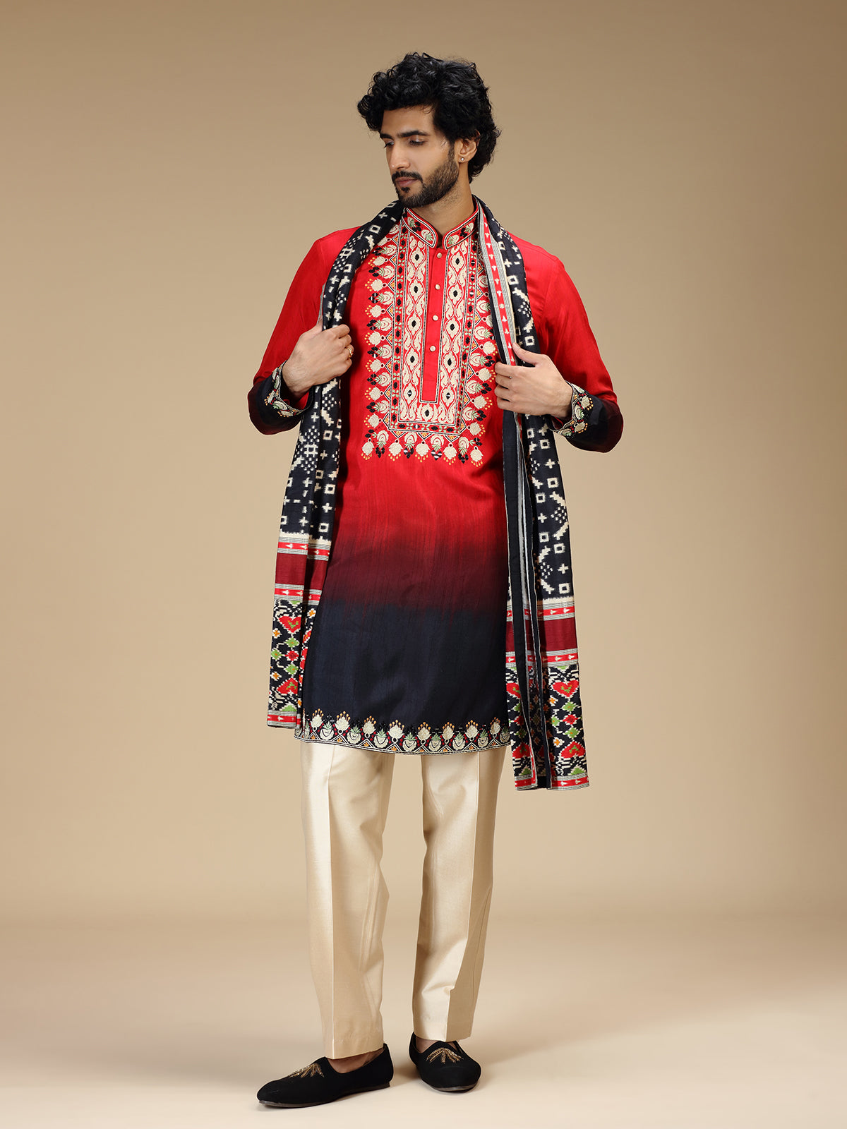 Red black shaded aabla embroidered silk kurta pajama