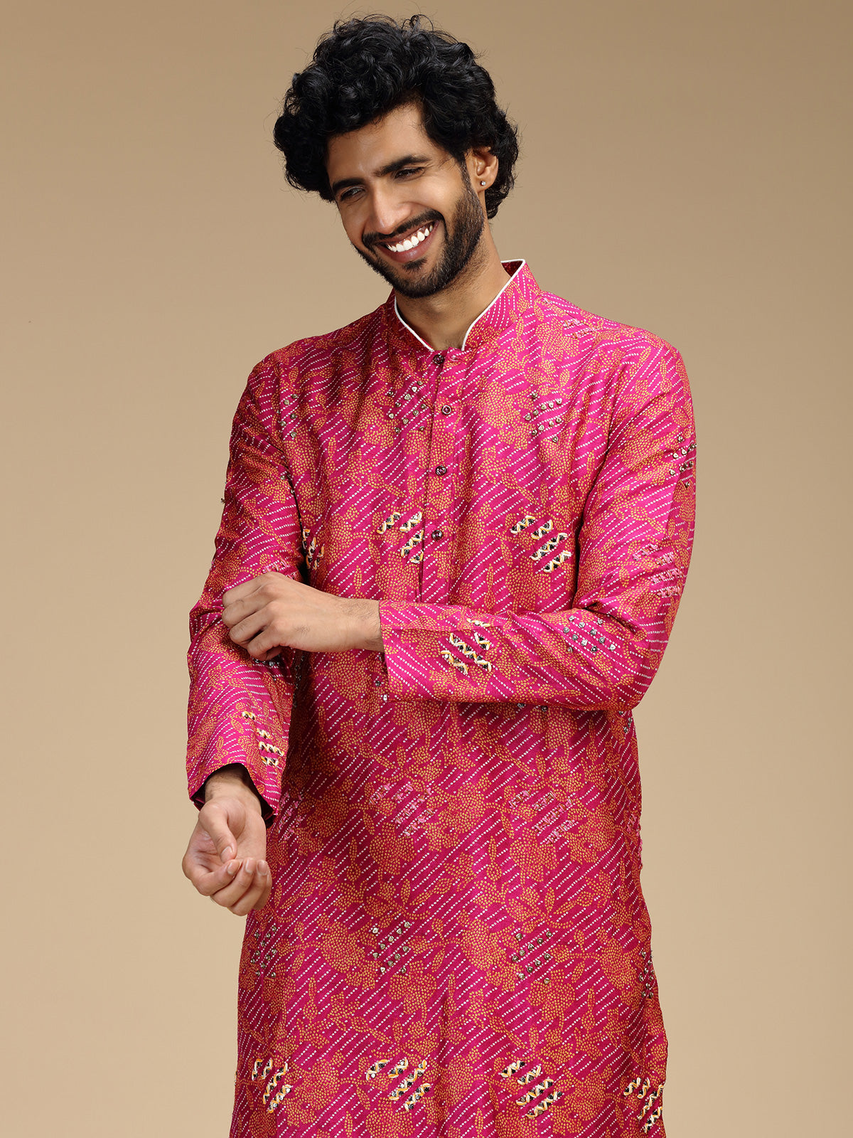 Pink zigzag embroidered silk blend kurta pajama