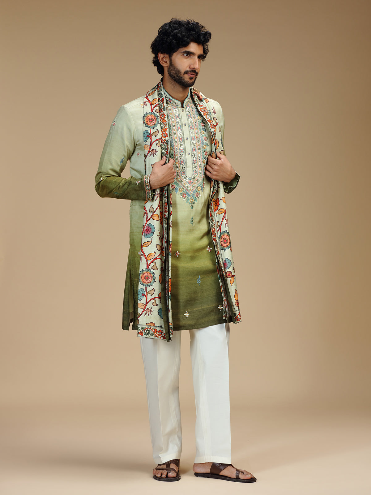 Green shaded embroidered silk blend kurta pajama