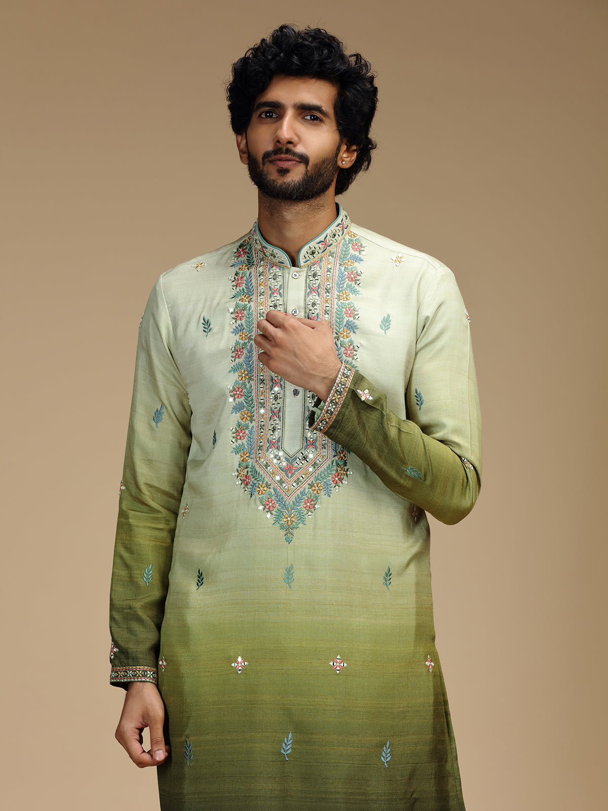 Green shaded embroidered silk blend kurta pajama