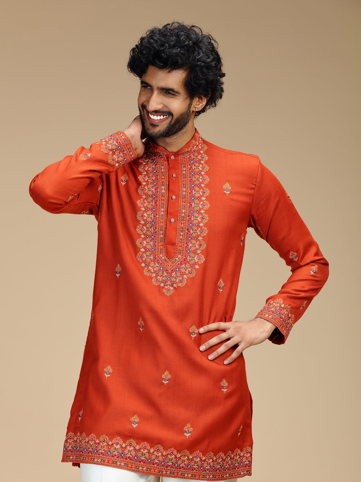 Rust orange floral bead embroidered Pashmina kurta pajama