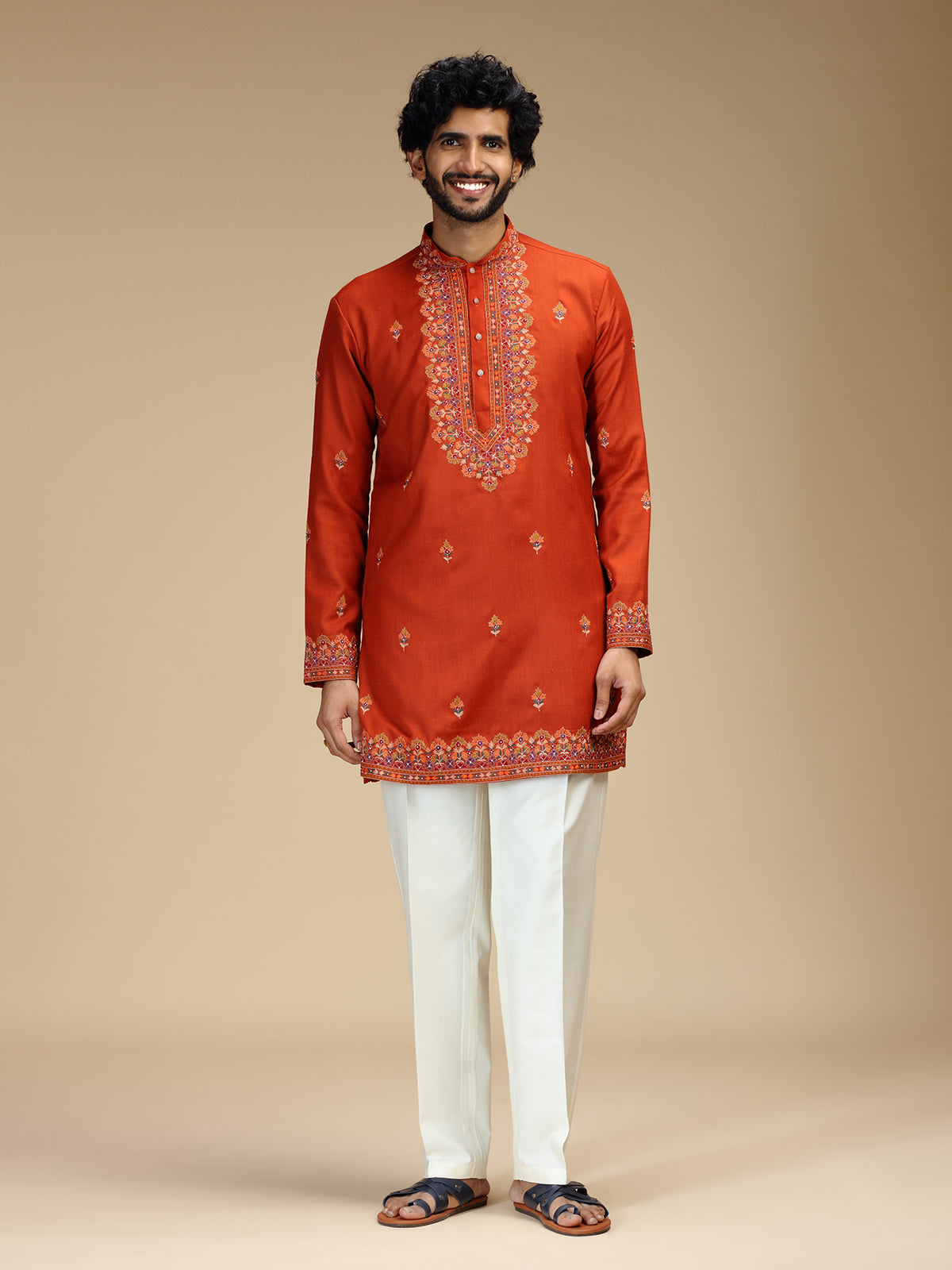 Rust orange floral bead embroidered Pashmina kurta pajama