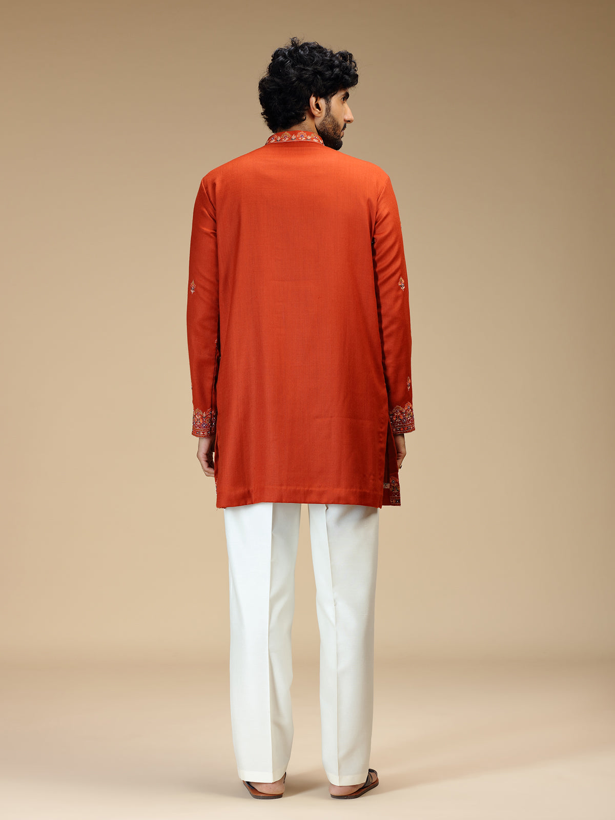 Rust orange floral bead embroidered Pashmina kurta pajama