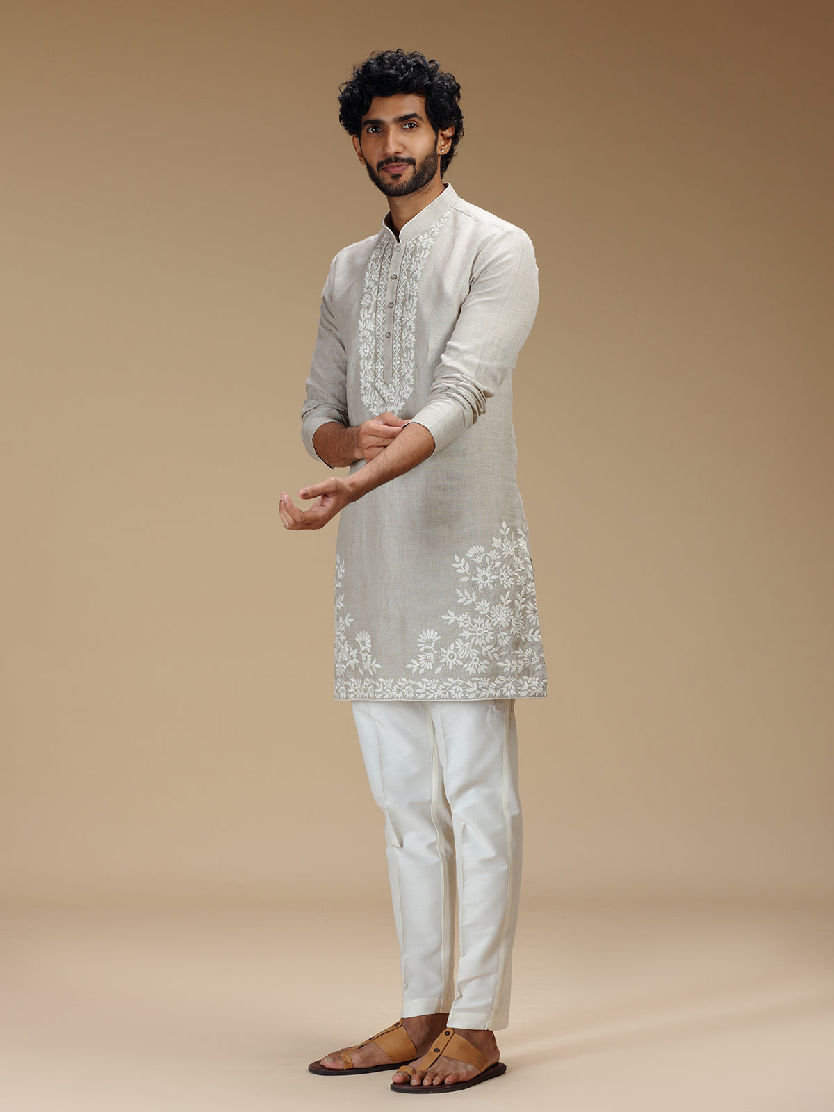 Stone grey floral zari embroidered linen kurta pajama