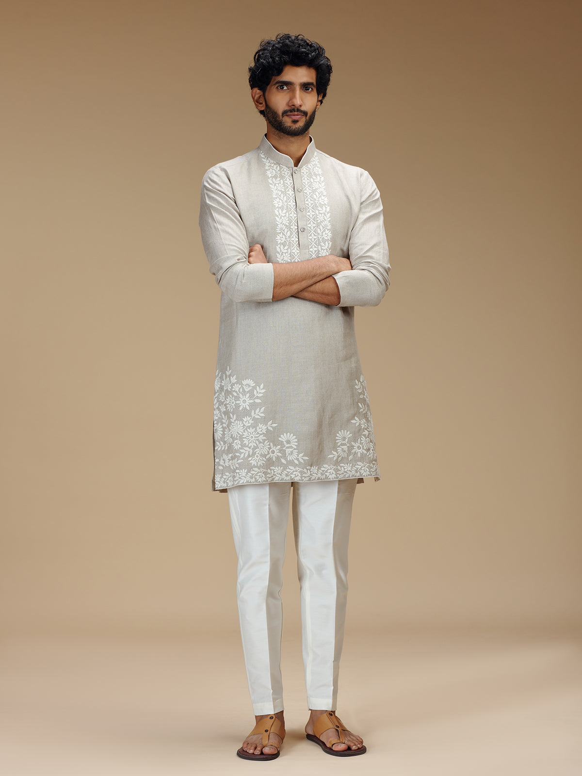 Stone grey floral zari embroidered linen kurta pajama