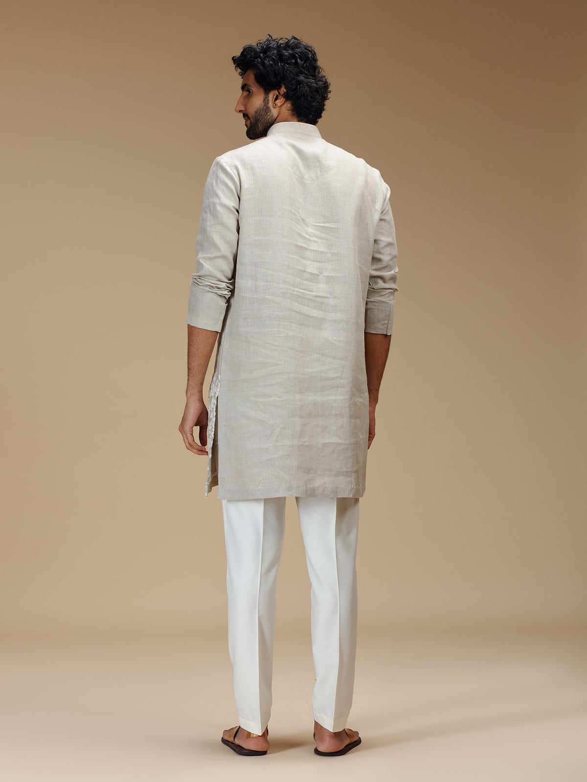 Stone grey floral zari embroidered linen kurta pajama