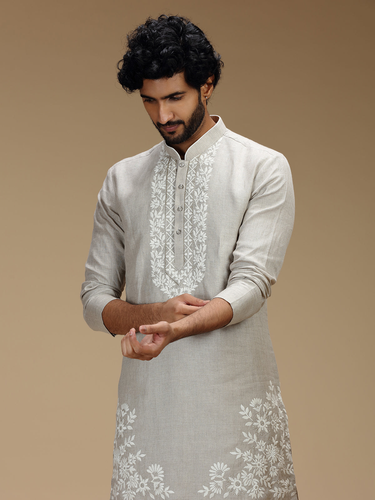 Stone grey floral zari embroidered linen kurta pajama