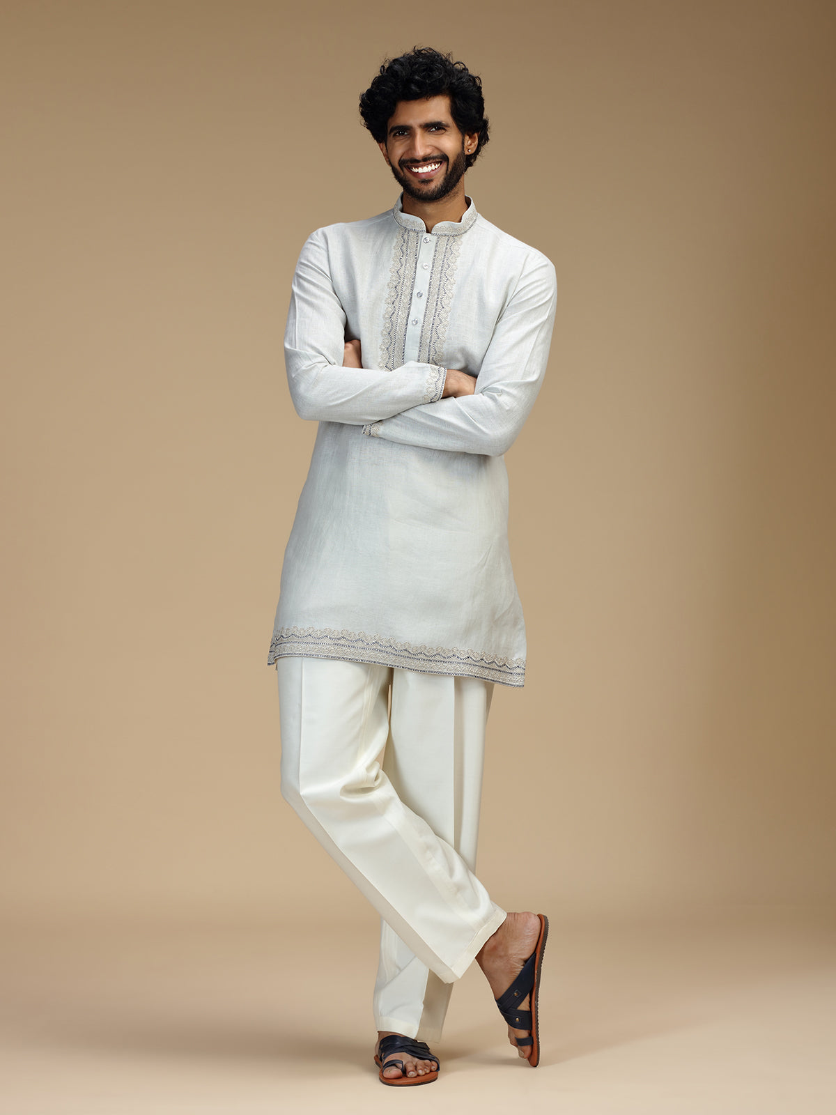 Light grey arched bib embroidered linen kurta pajama