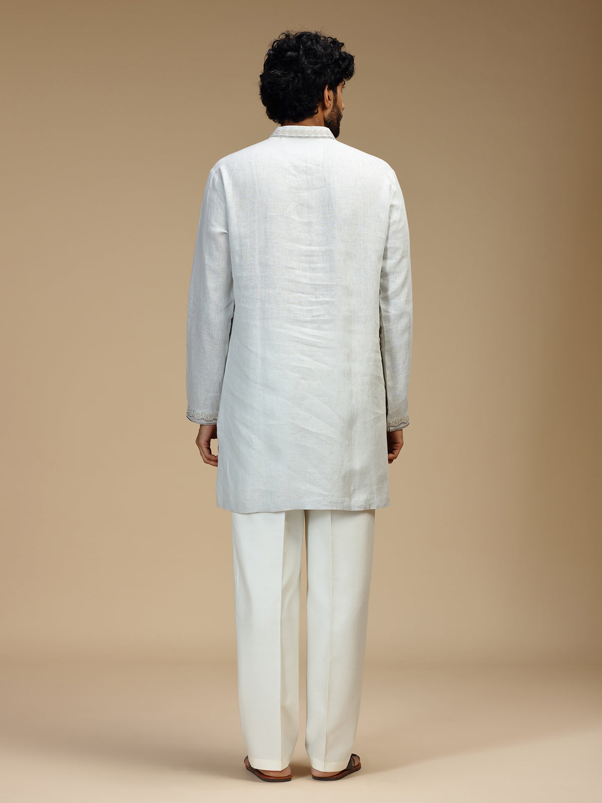 Light grey arched bib embroidered linen kurta pajama