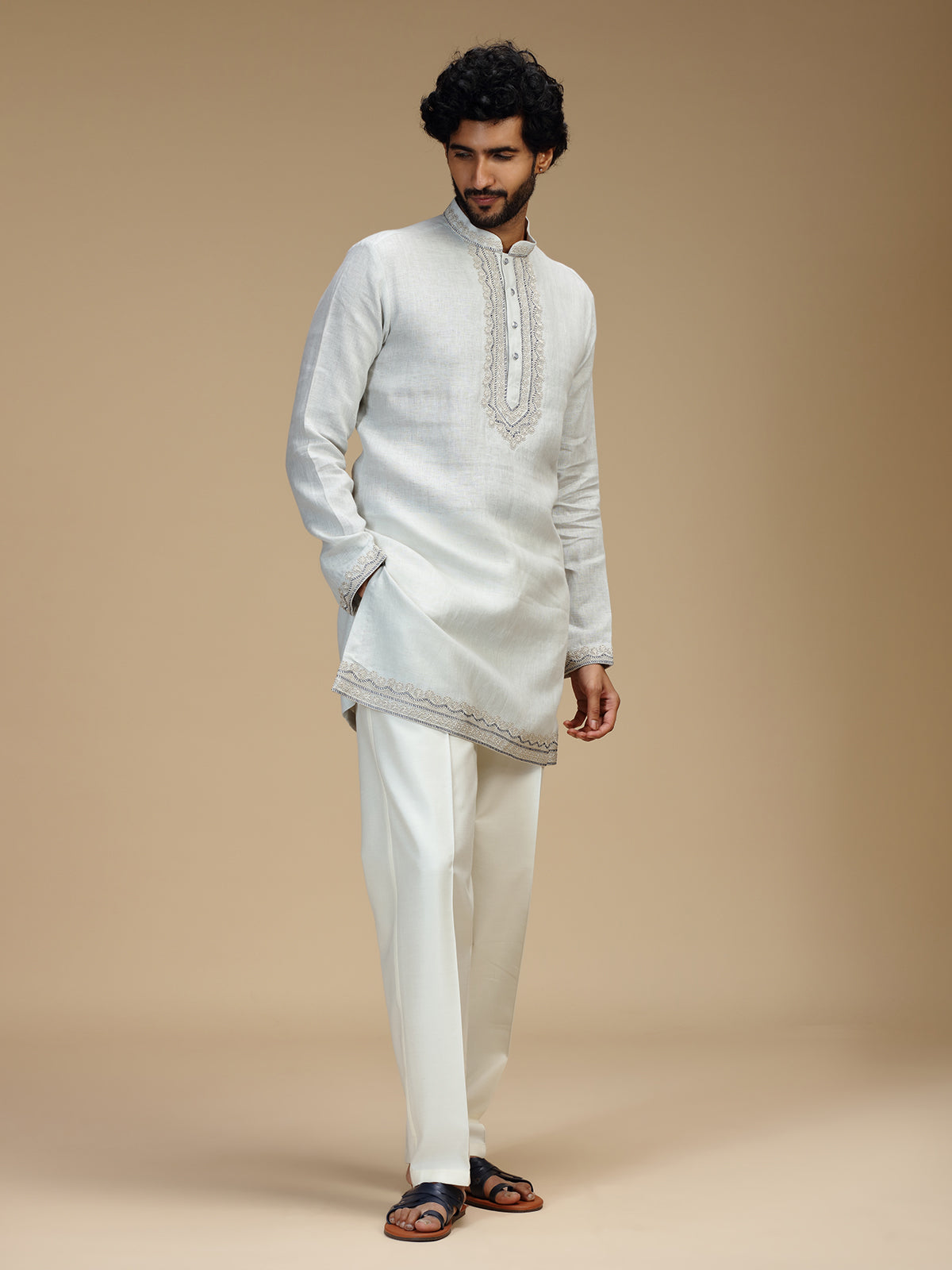 Light grey arched bib embroidered linen kurta pajama