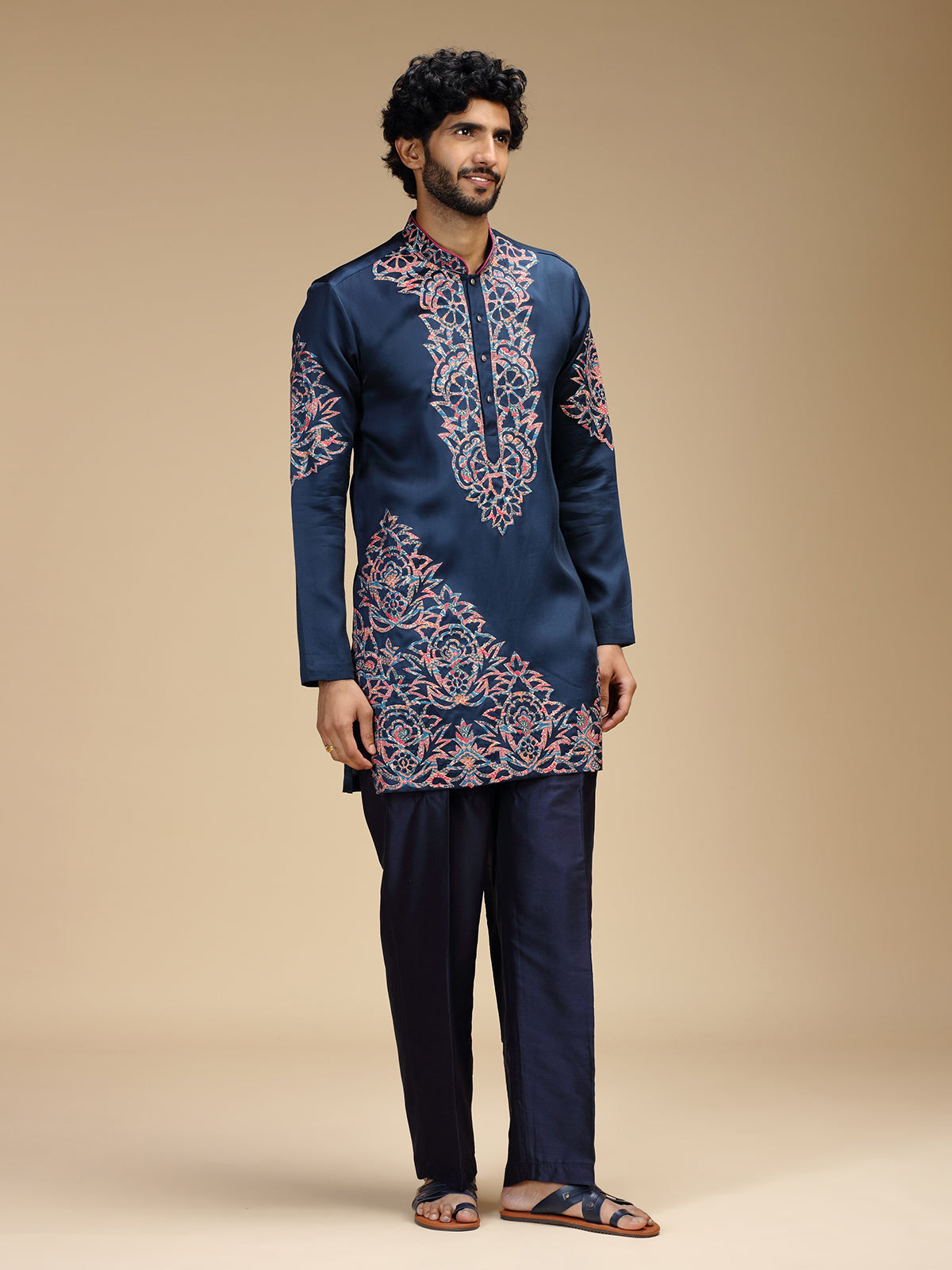 Royal blue embroidered mens kurta pajama