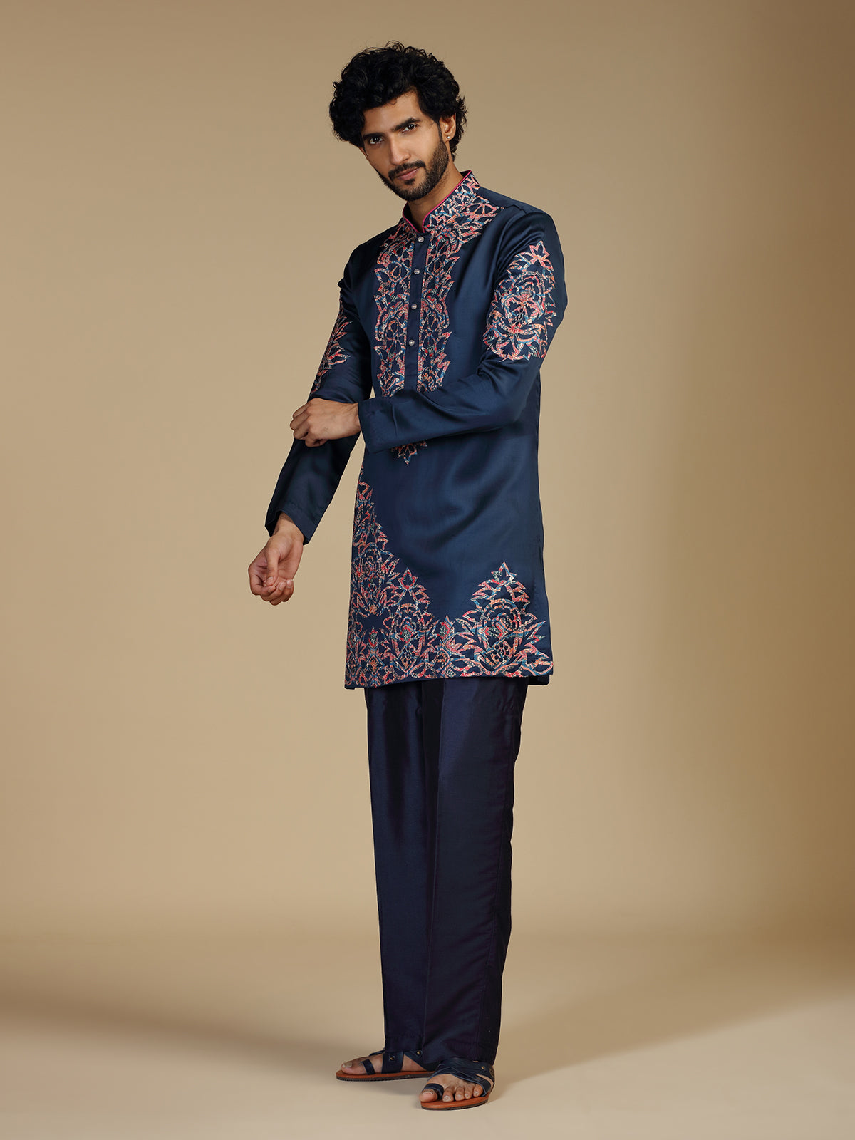 Royal blue embroidered mens kurta pajama