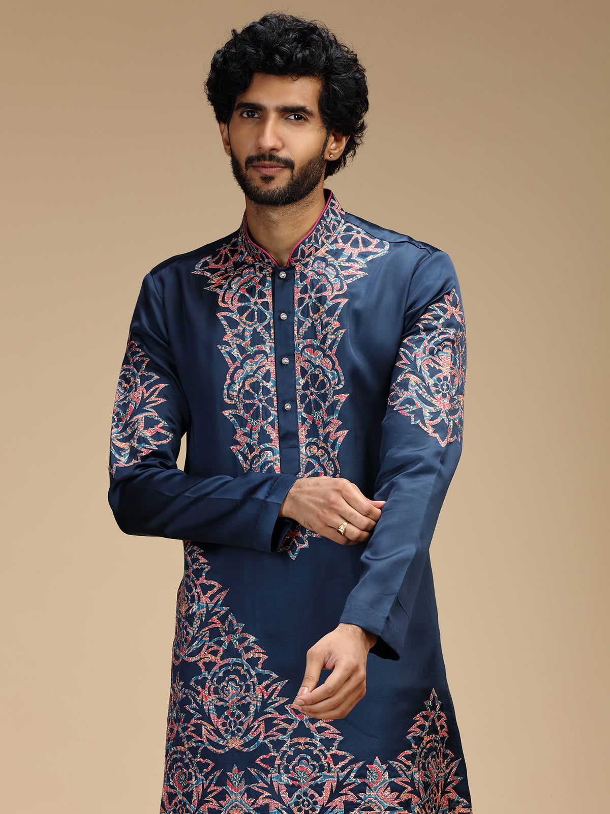 Royal blue embroidered mens kurta pajama