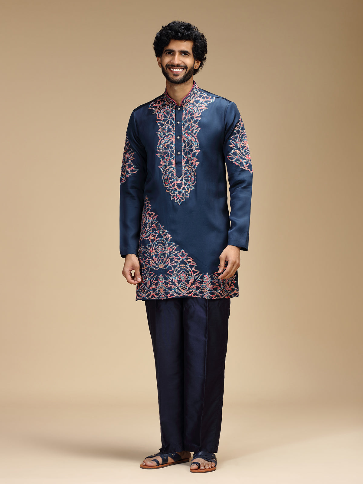 Royal blue embroidered mens kurta pajama