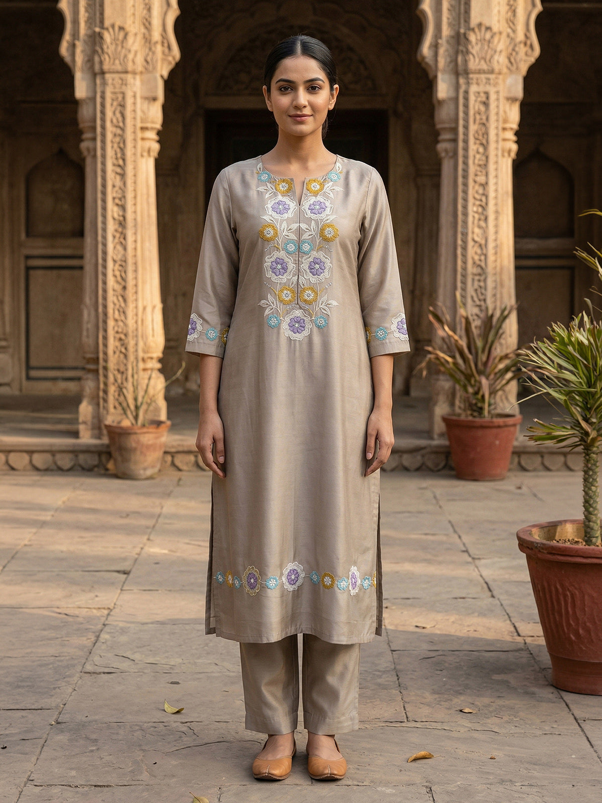 Taupe beige cotton blend women kurti set with floral jaal