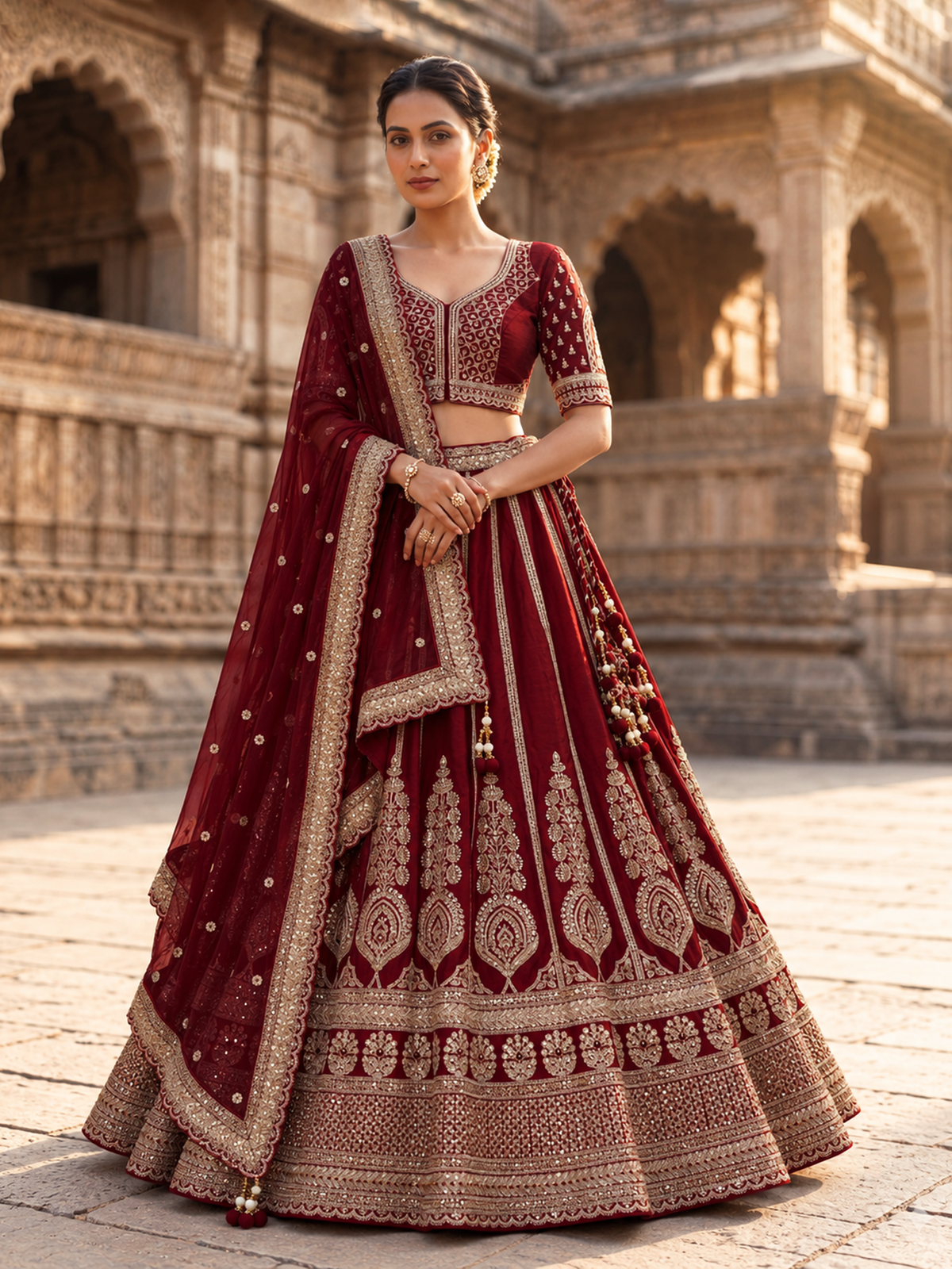 Maroon raw silk bridal lehenga choli with cutdana work