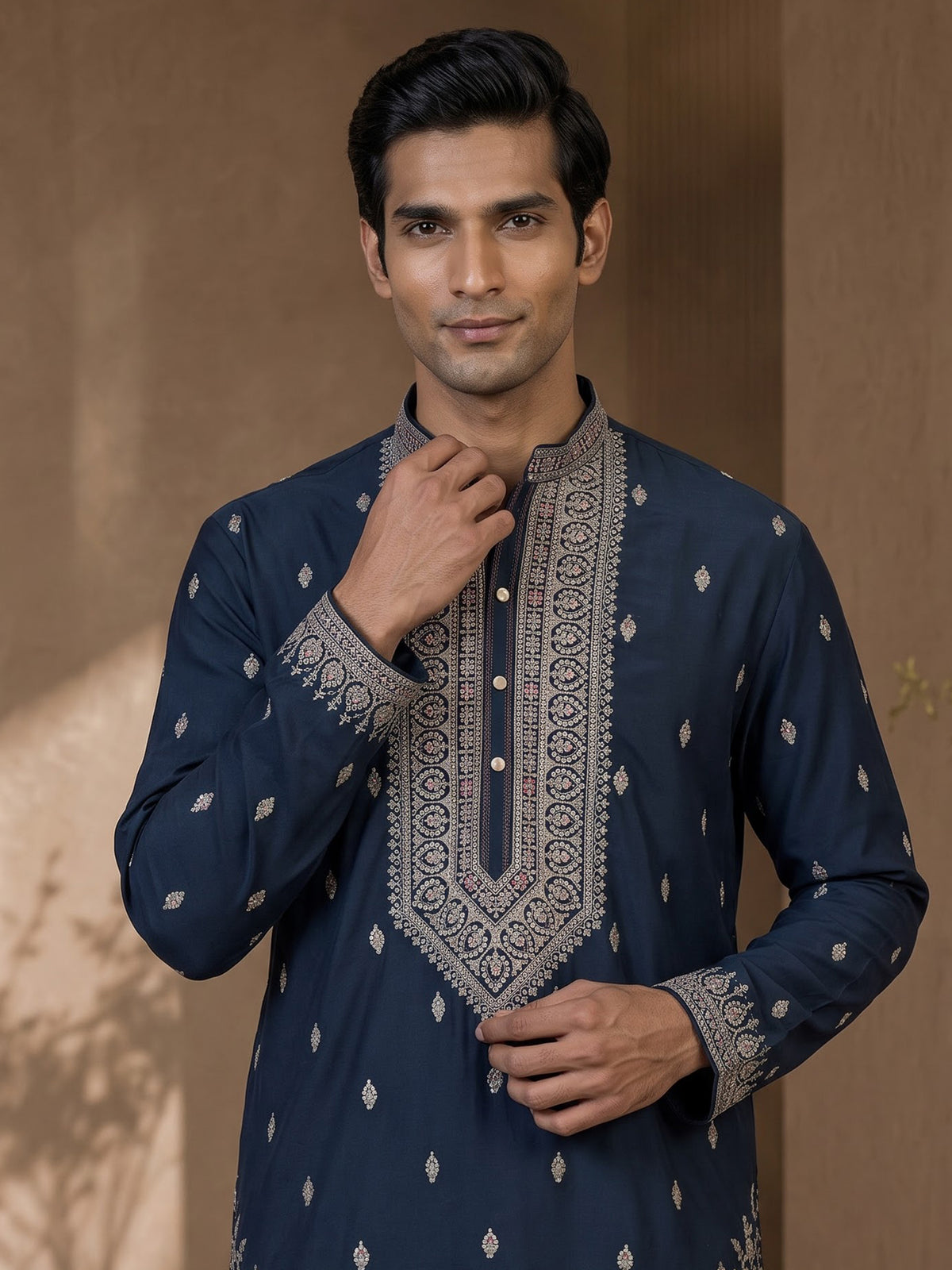 Navy georgette embroidered men kurta suit