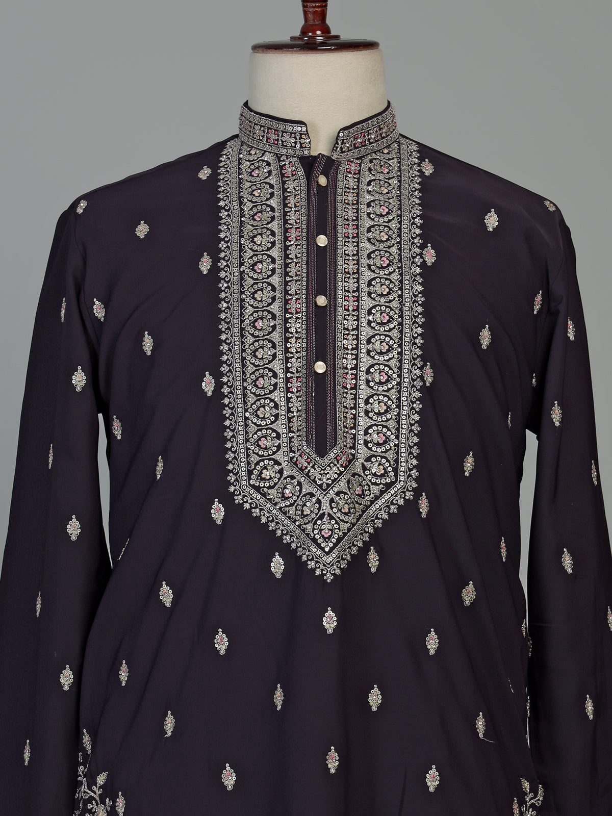 Midnight black georgette embroidered men kurta suit