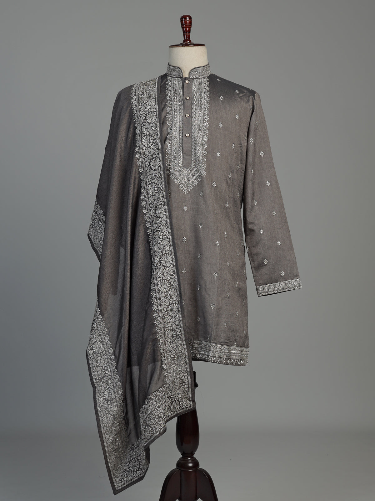Metallic charcoal grey silk blend three piece men kurta suit