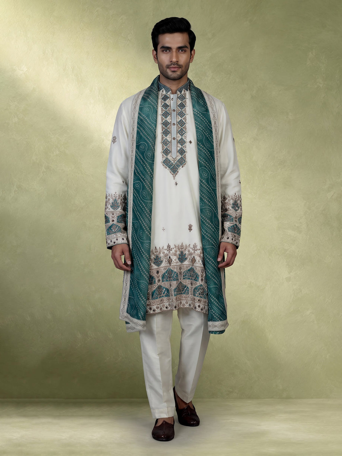 Ivory-white silk blend men kurta suit with teal bandhani stole