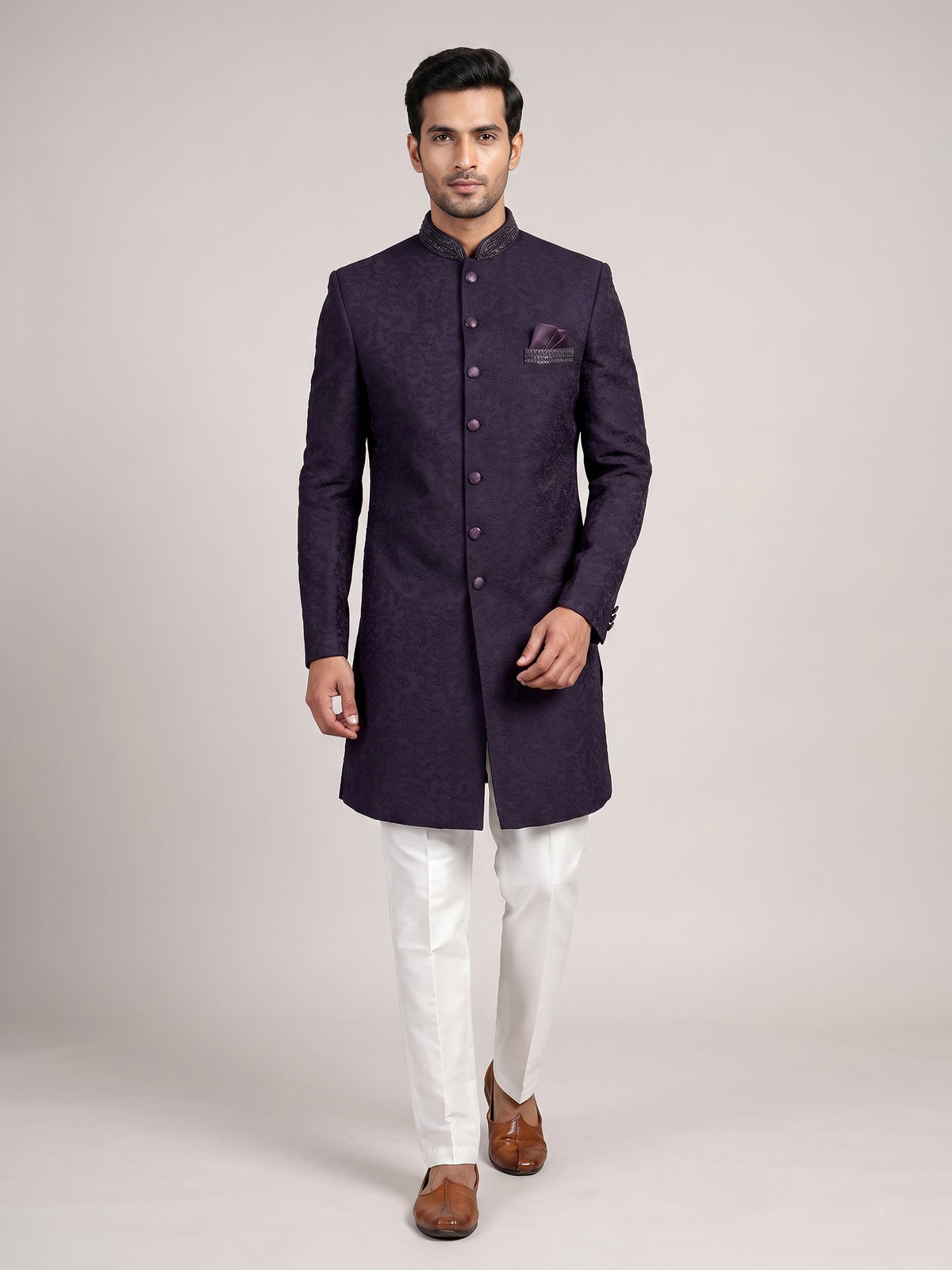 Midnight plum wine achkan style men Indo western set