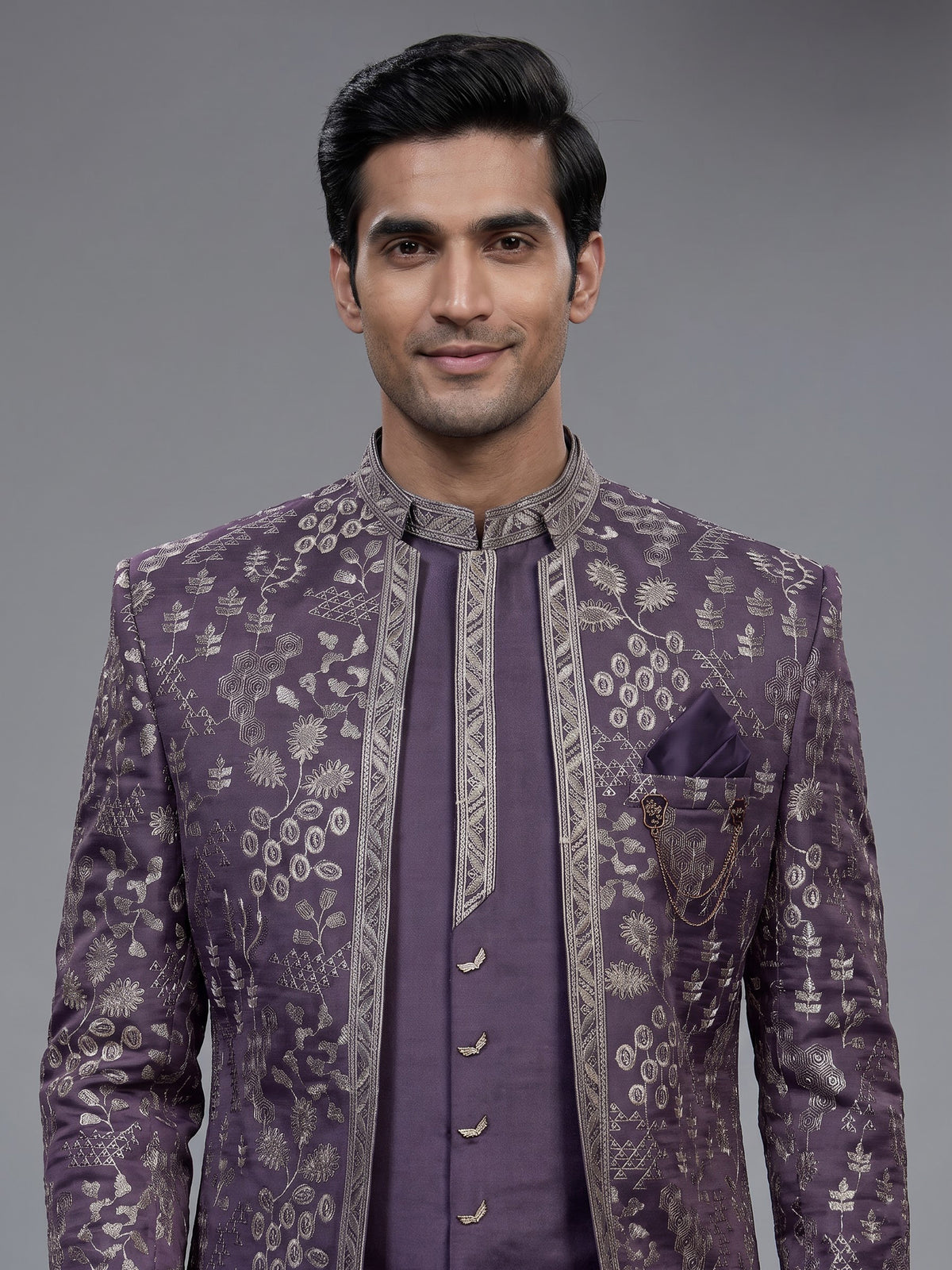 Deep purple silk blend men Indo western set with jacket