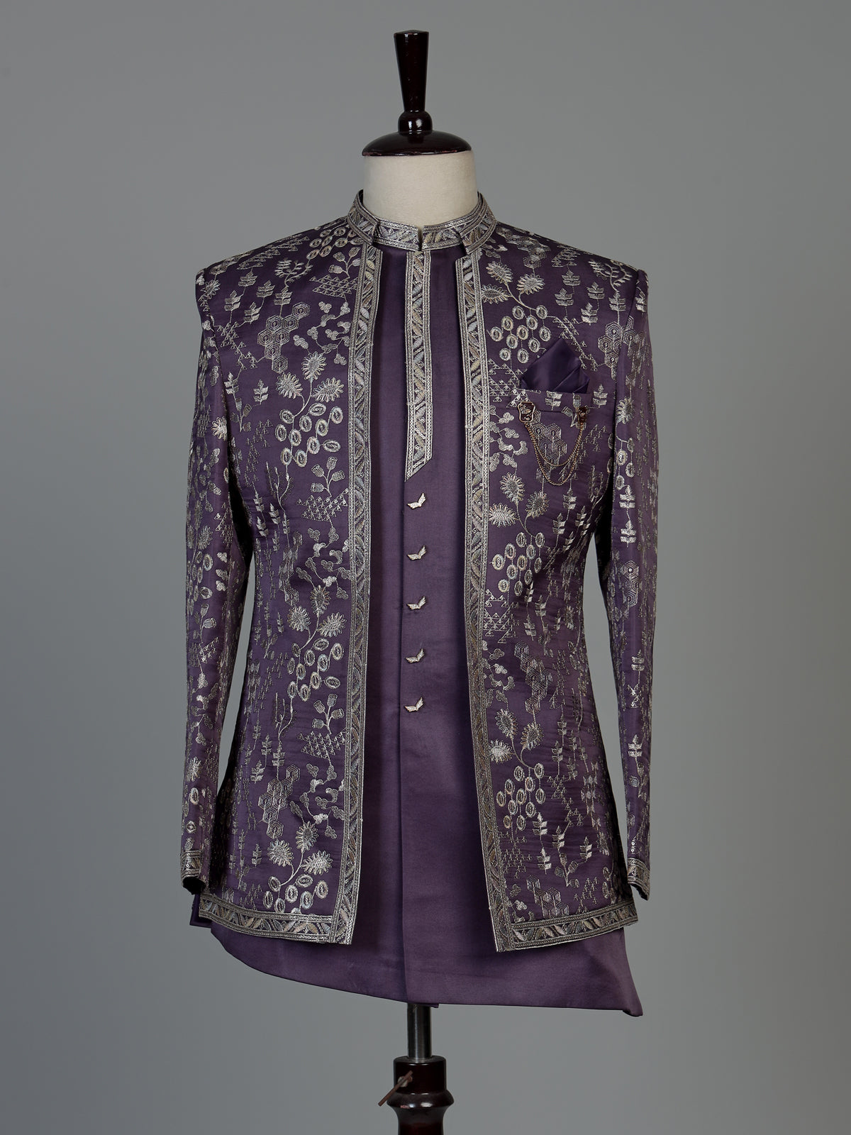 Deep purple silk blend men Indo western set with jacket