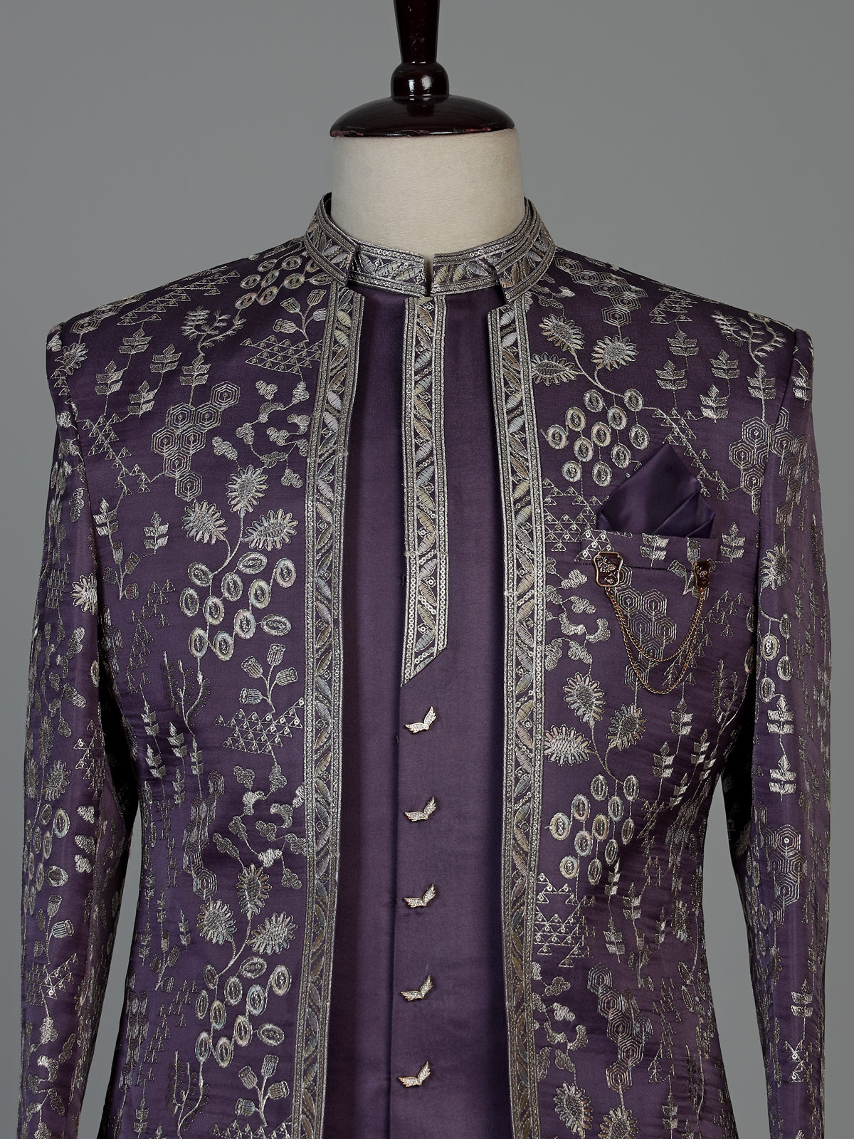 Deep purple silk blend men Indo western set with jacket