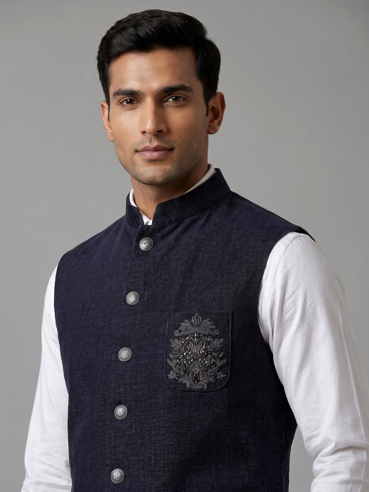 Midnight navy blue mens embroidered waistcoat