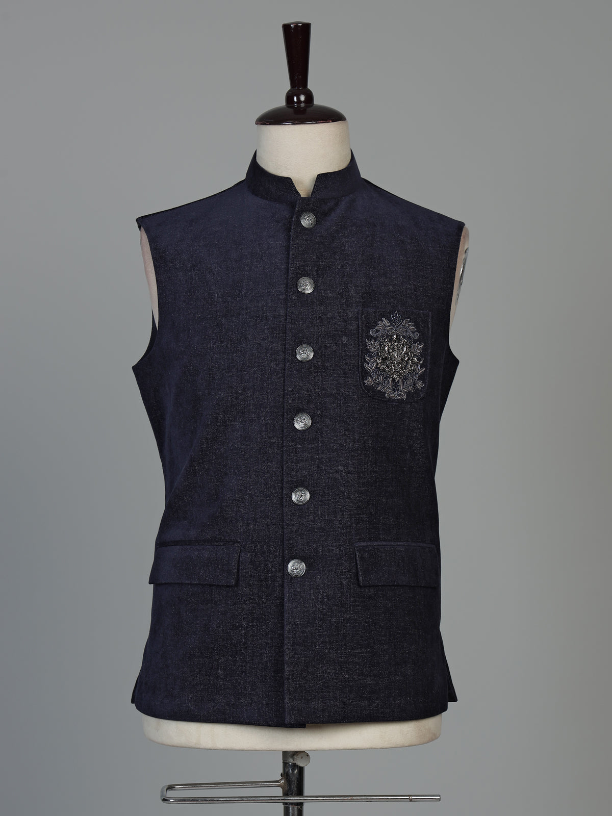 Midnight navy blue mens embroidered waistcoat