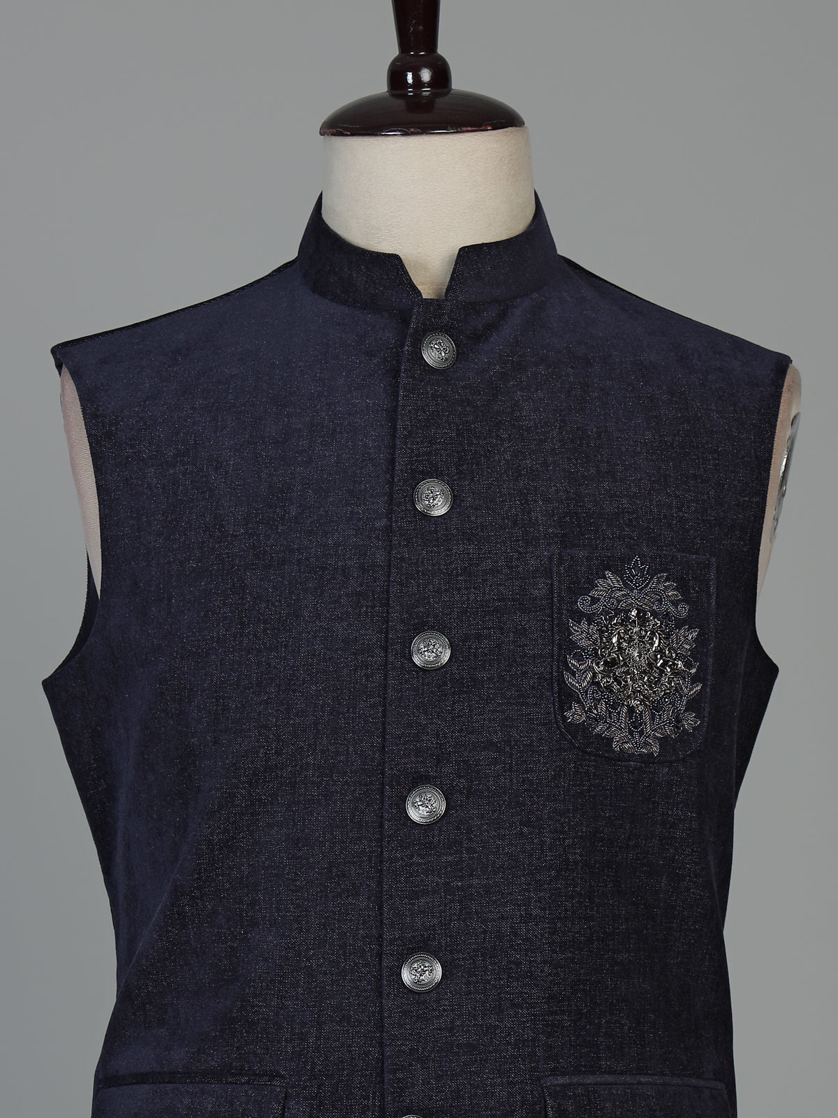 Midnight navy blue mens embroidered waistcoat