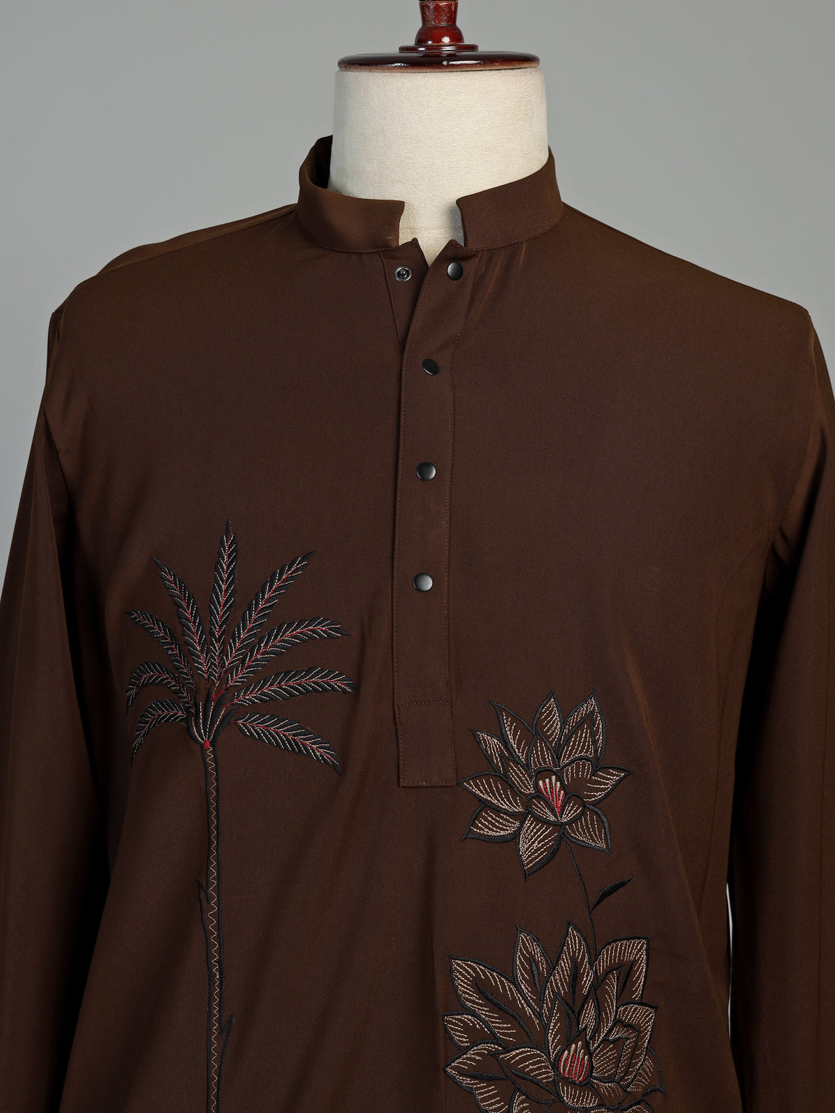Dark chocolate brown cotton short kurta with embroidery