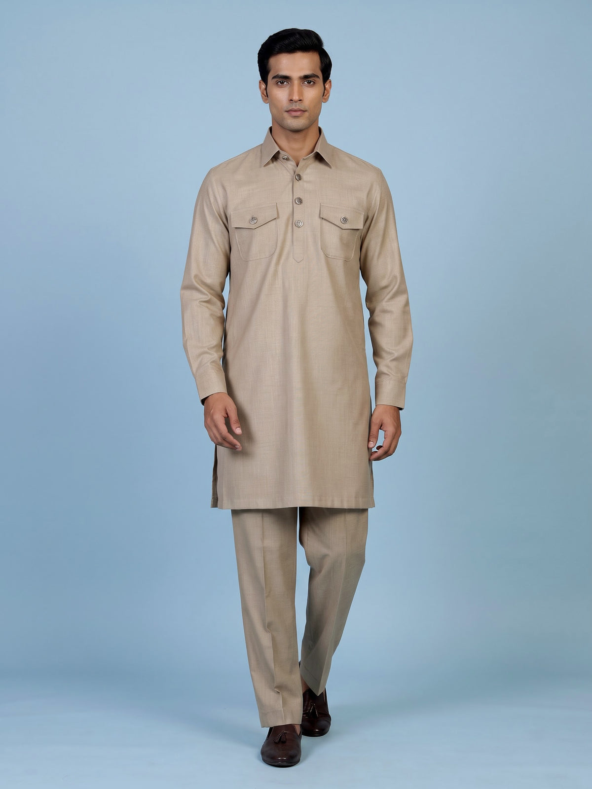 Light beige cotton linen men pathani suit