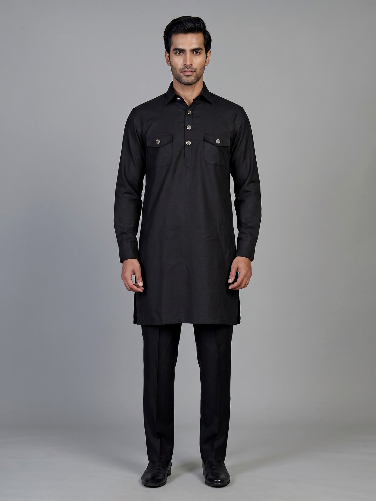 Classic black cotton linen men pathani suit