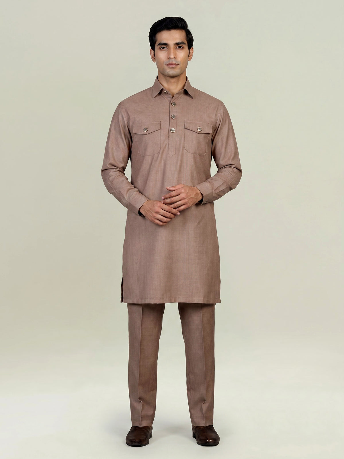 Dark beige cotton linen men pathani suit