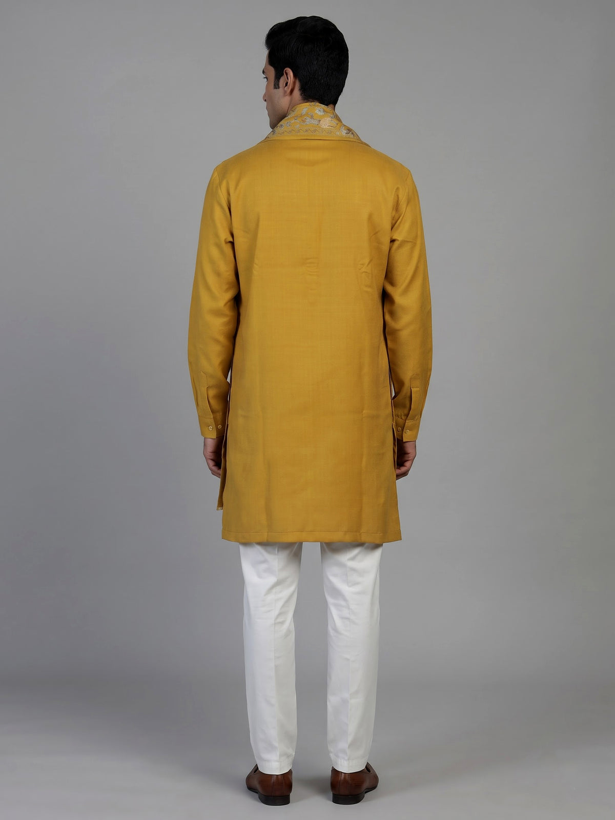 Bright yellow cotton kurta suit for men with mirror embellishments
