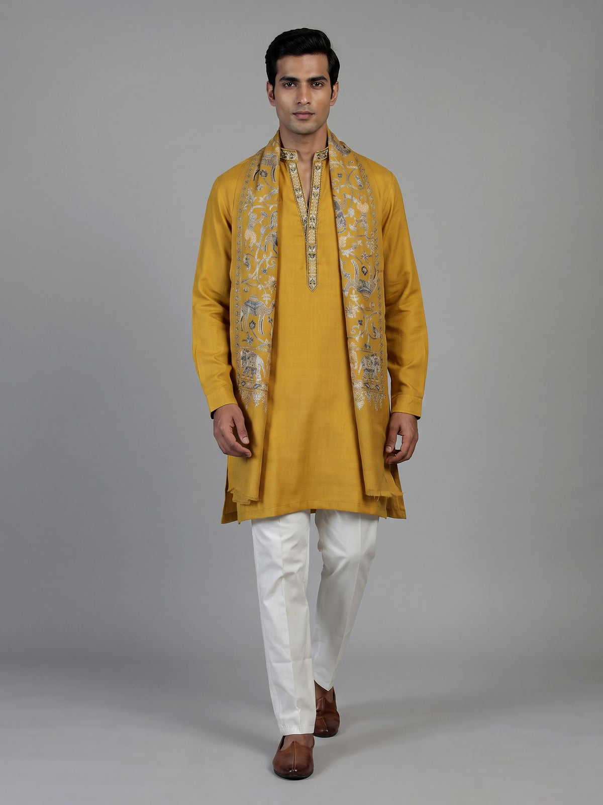Bright yellow cotton kurta suit for men with mirror embellishments