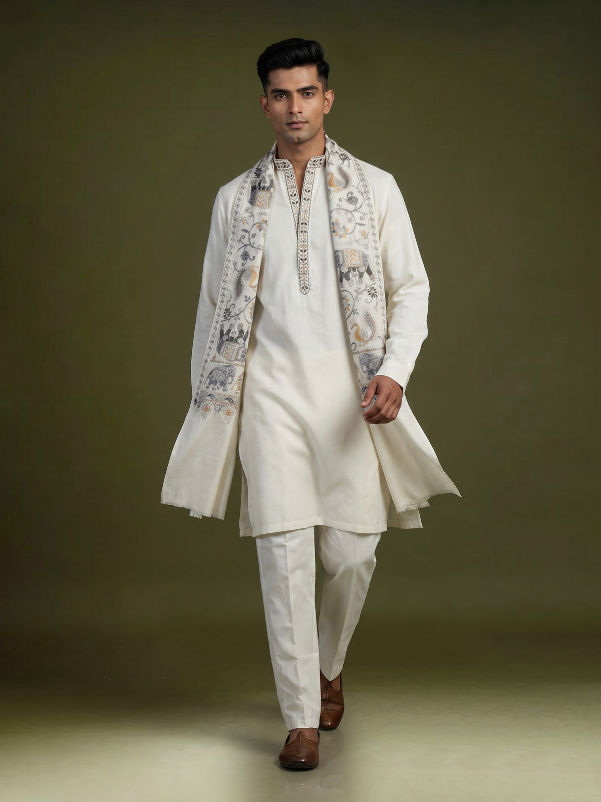 White cotton kurta suit for men with embroidery work