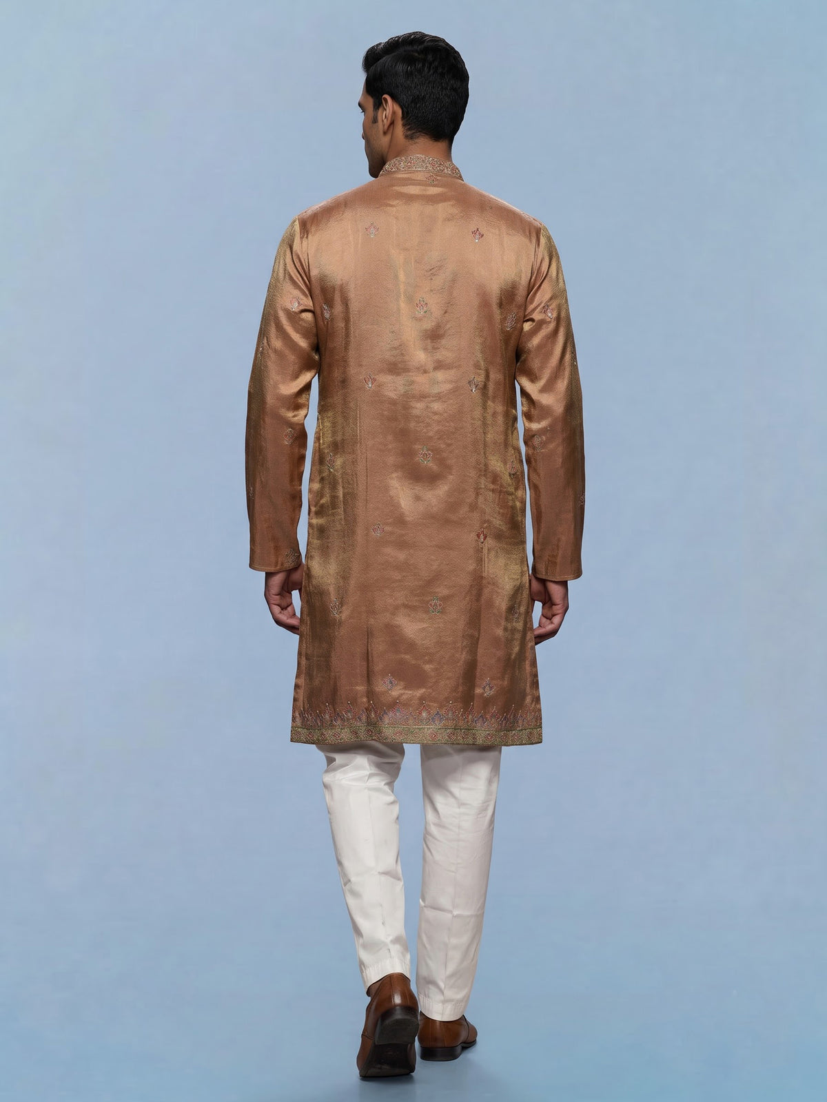 Pastel brown printed silk kurta suit for men with sequins
